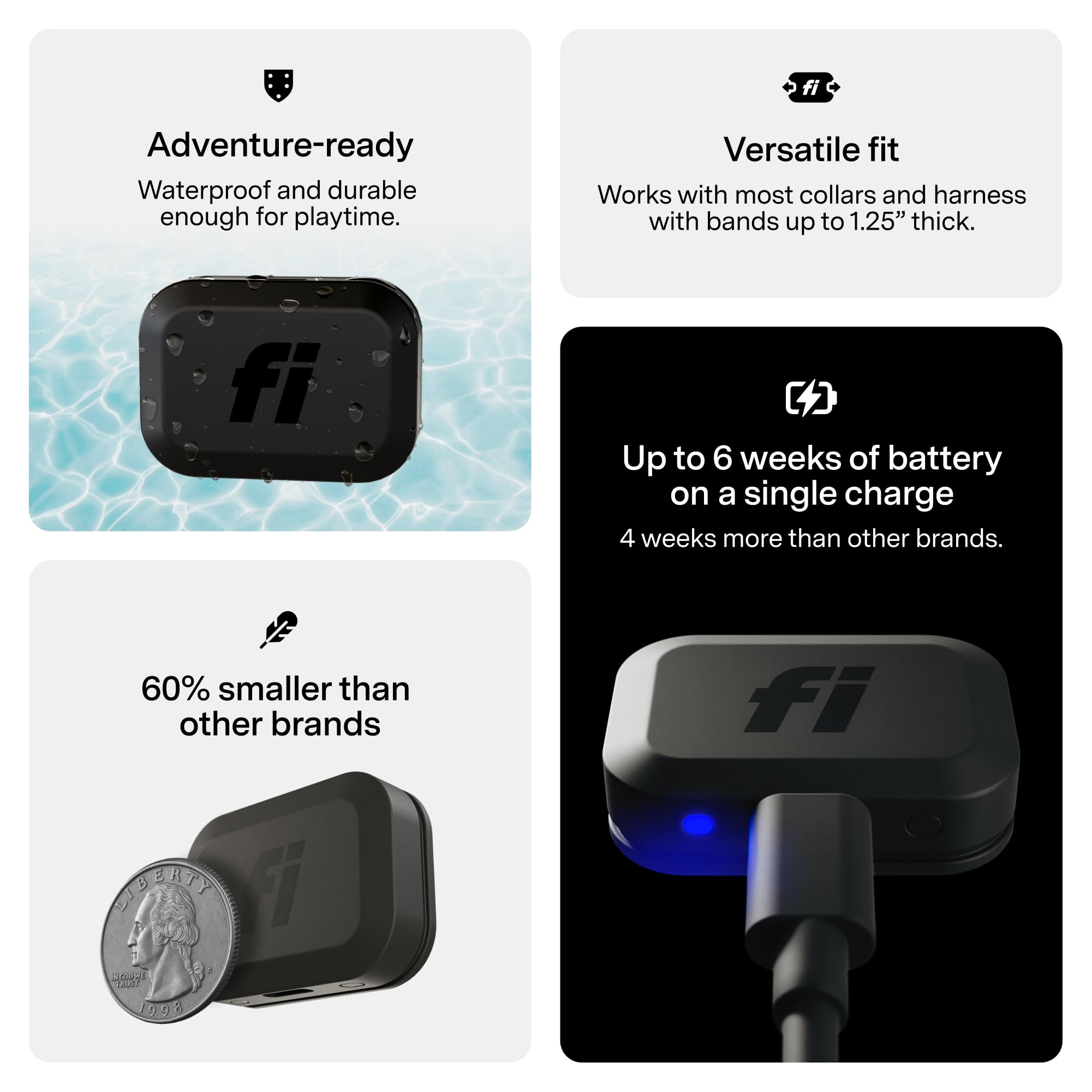 Fi Mini GPS tracker with rugged waterproof design for adventurous pets.