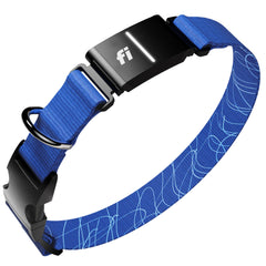 Fi New Series 3+ dog tracker on blue collar with real-time GPS.