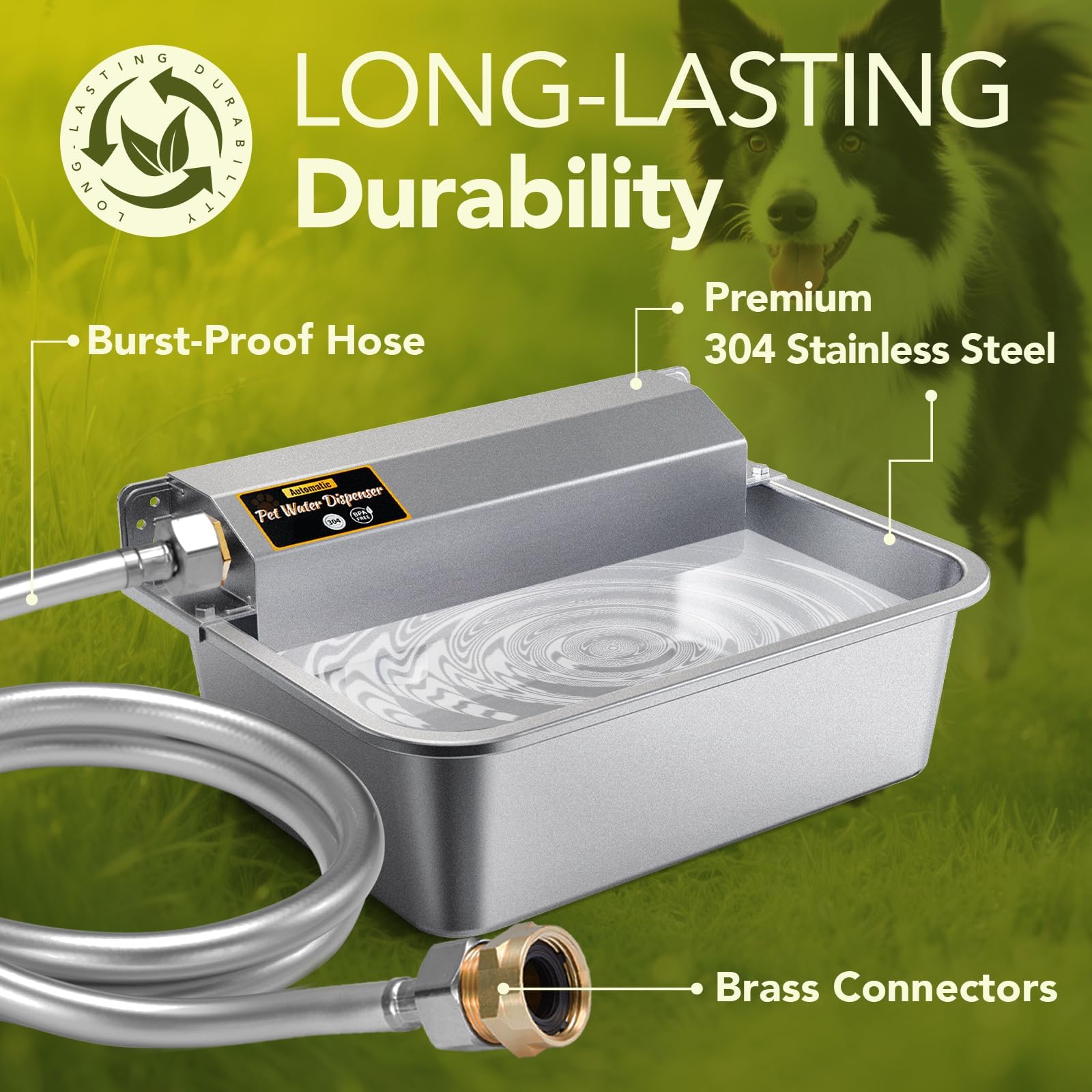 Ficuswin stainless steel dog water bowl shows durable, rust-resistant design.