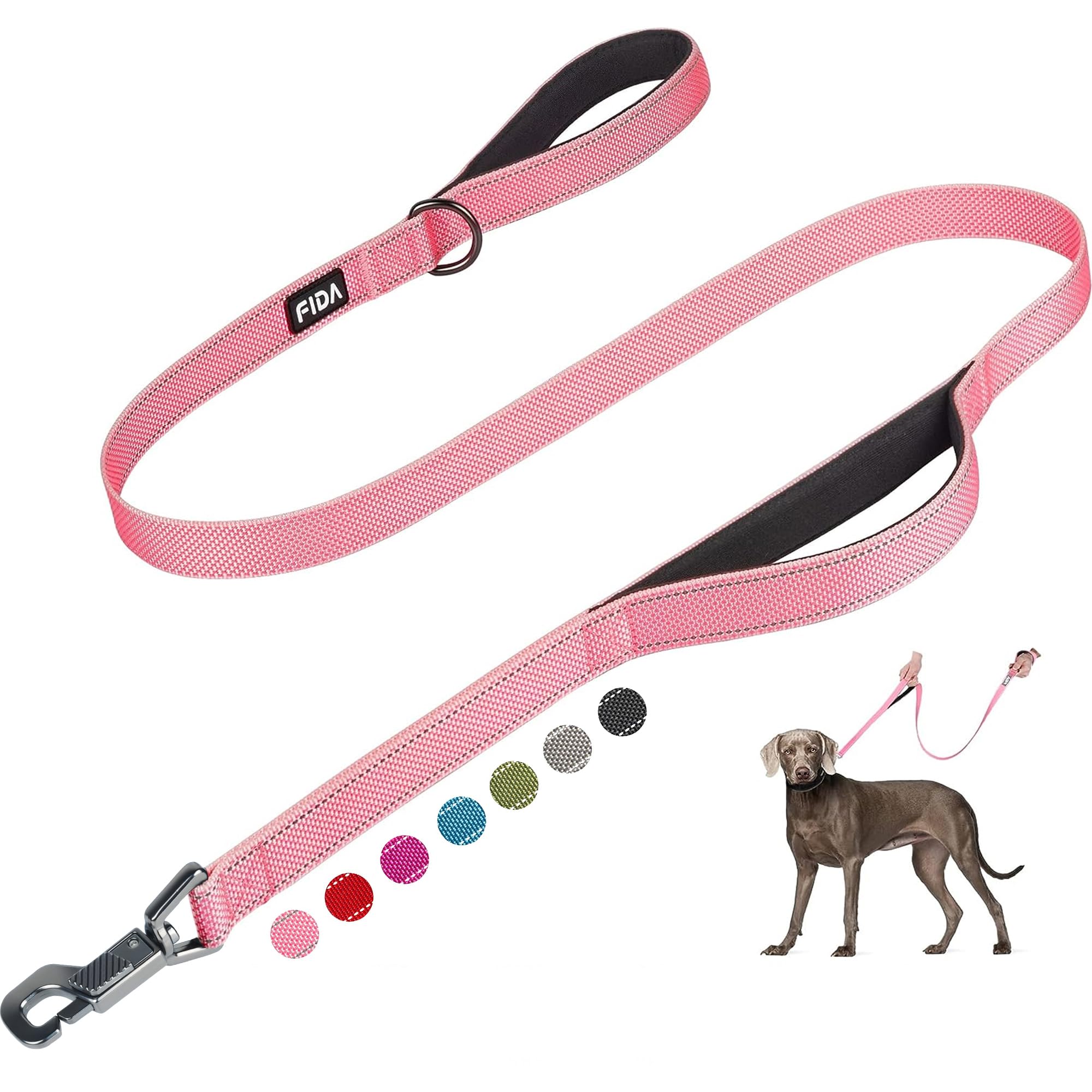 Fida 4 ft leash clip close-up showing easy snap hook and rustproof swivel.