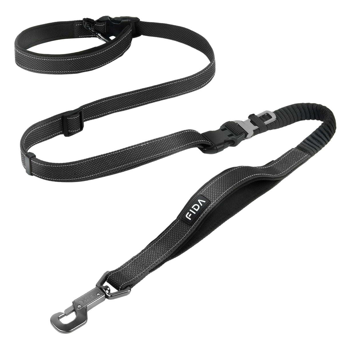 Fida 6-in-1 leash with front padded handle for safer roadside walks.