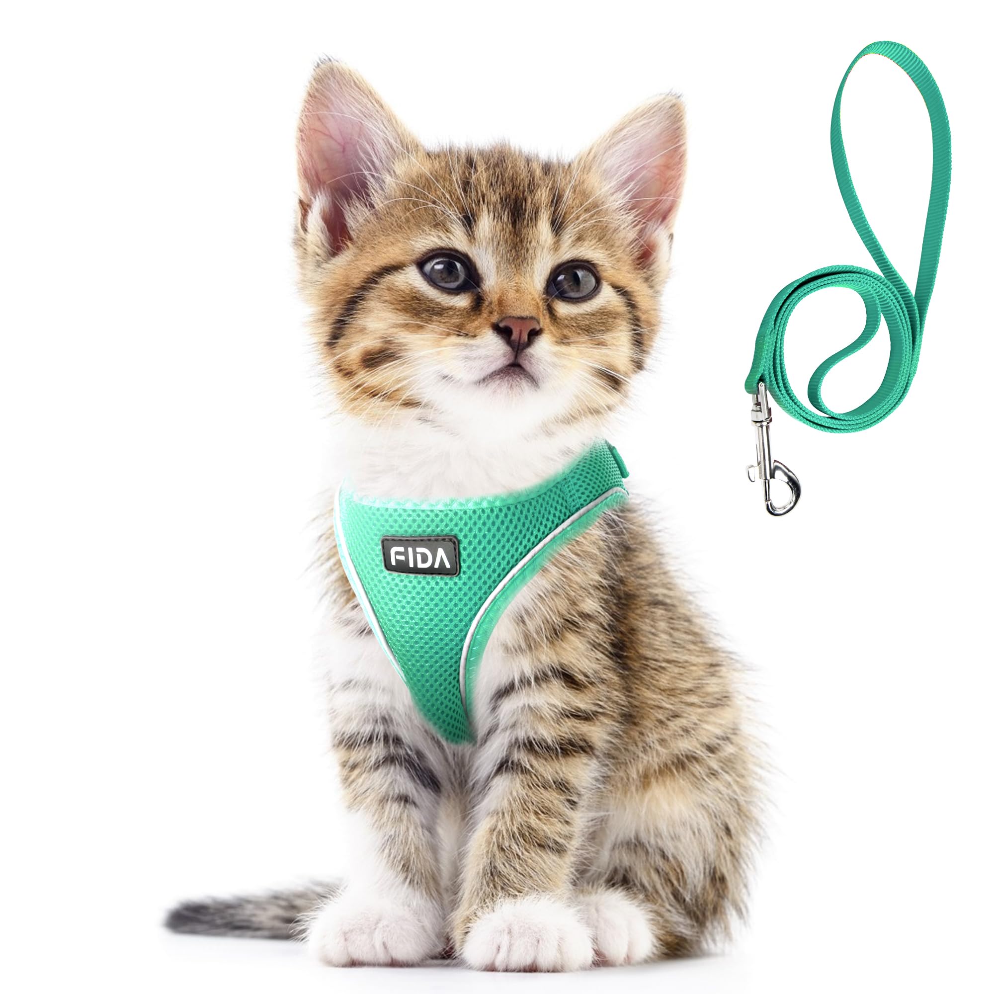 Fida cat harness in green featuring step-in design for quick, secure wear.