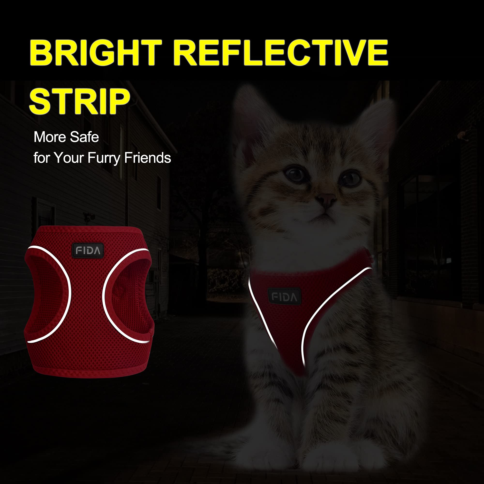 Fida cat harness reflective strips boost visibility during night walks