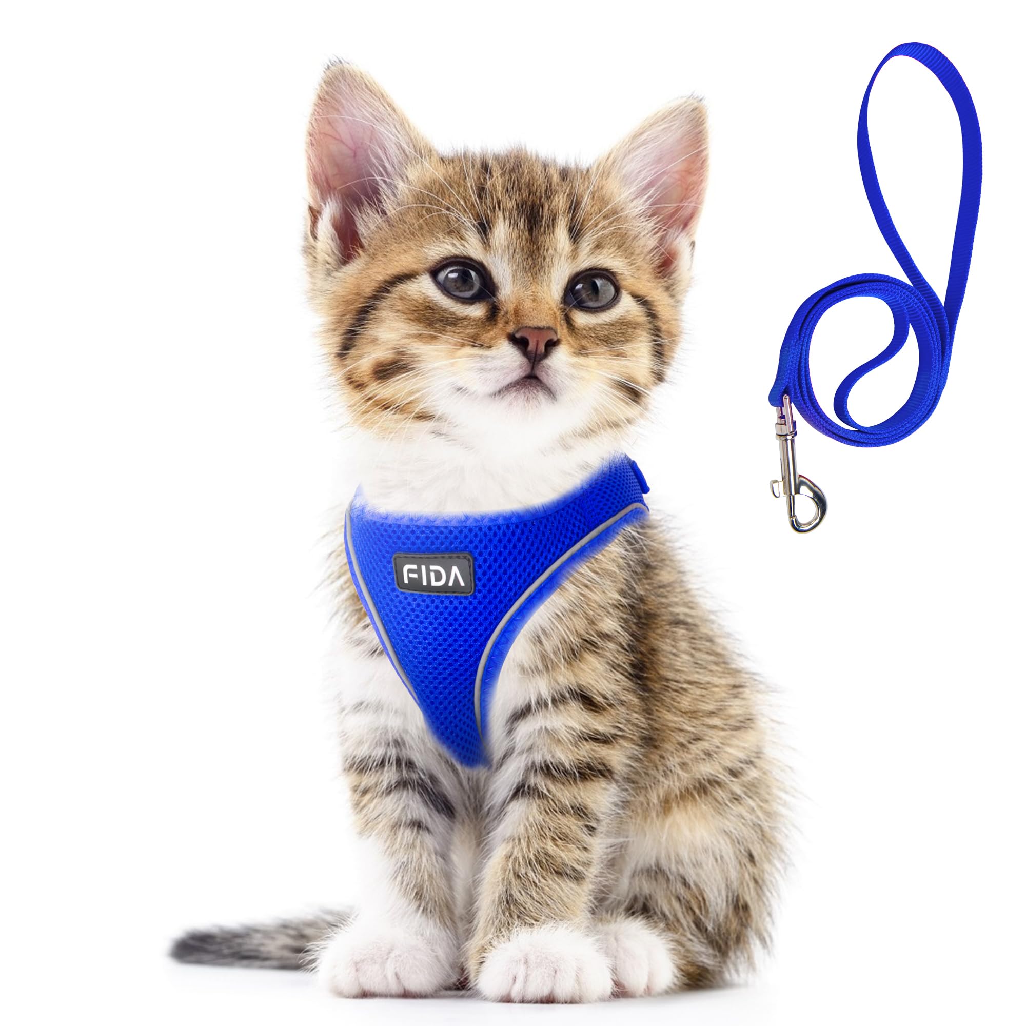 Fida cat harness step-in design in blue enables quick wear.