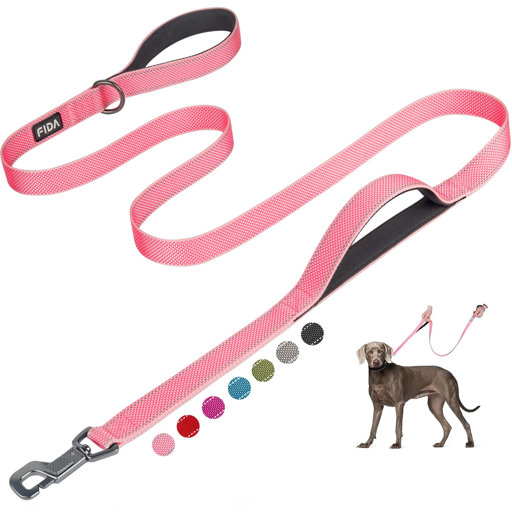 Fida dog leash 6ft pink with traffic handle for safer night walks.