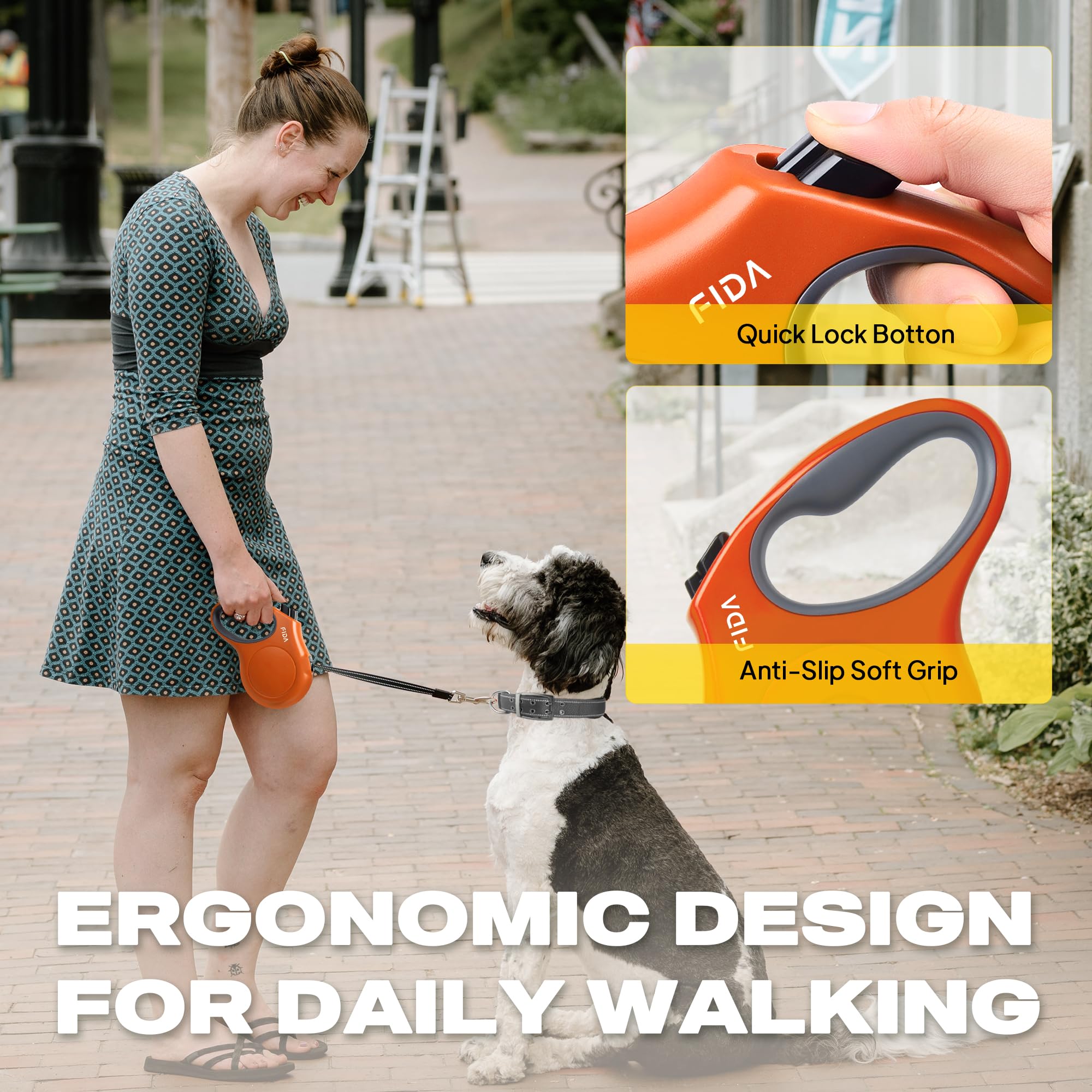 Quick lock, pause, and unlock features on the Fida leash for controlled walks
