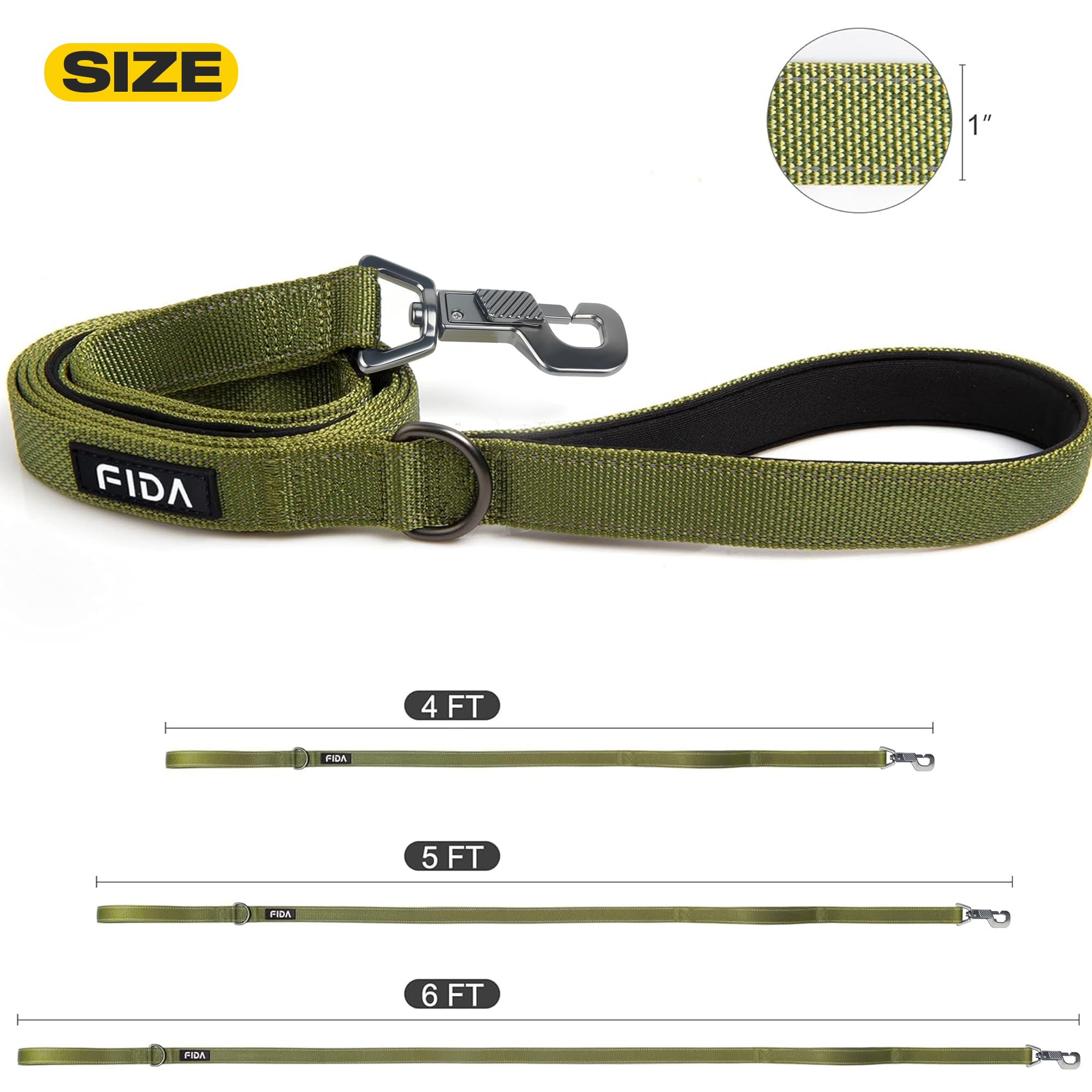 Fida leash reflective threads boost visibility during dawn and dusk.