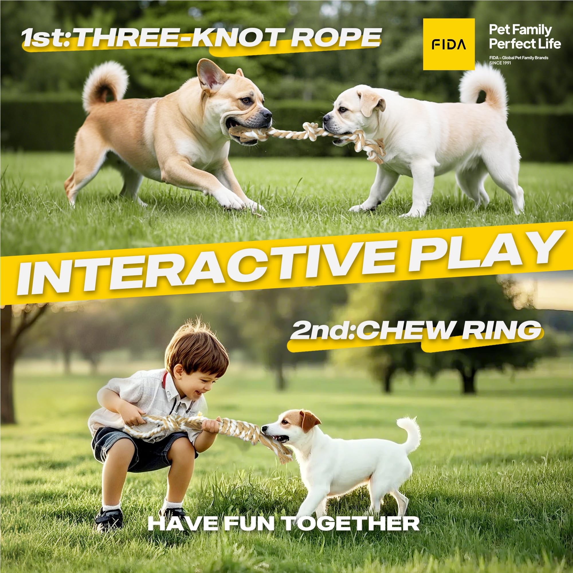 Fida rope tug toy for interactive play and bonding.