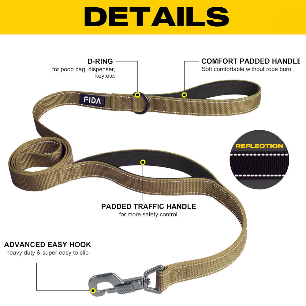 Close up of Fida leash showing dual padded handles for grip