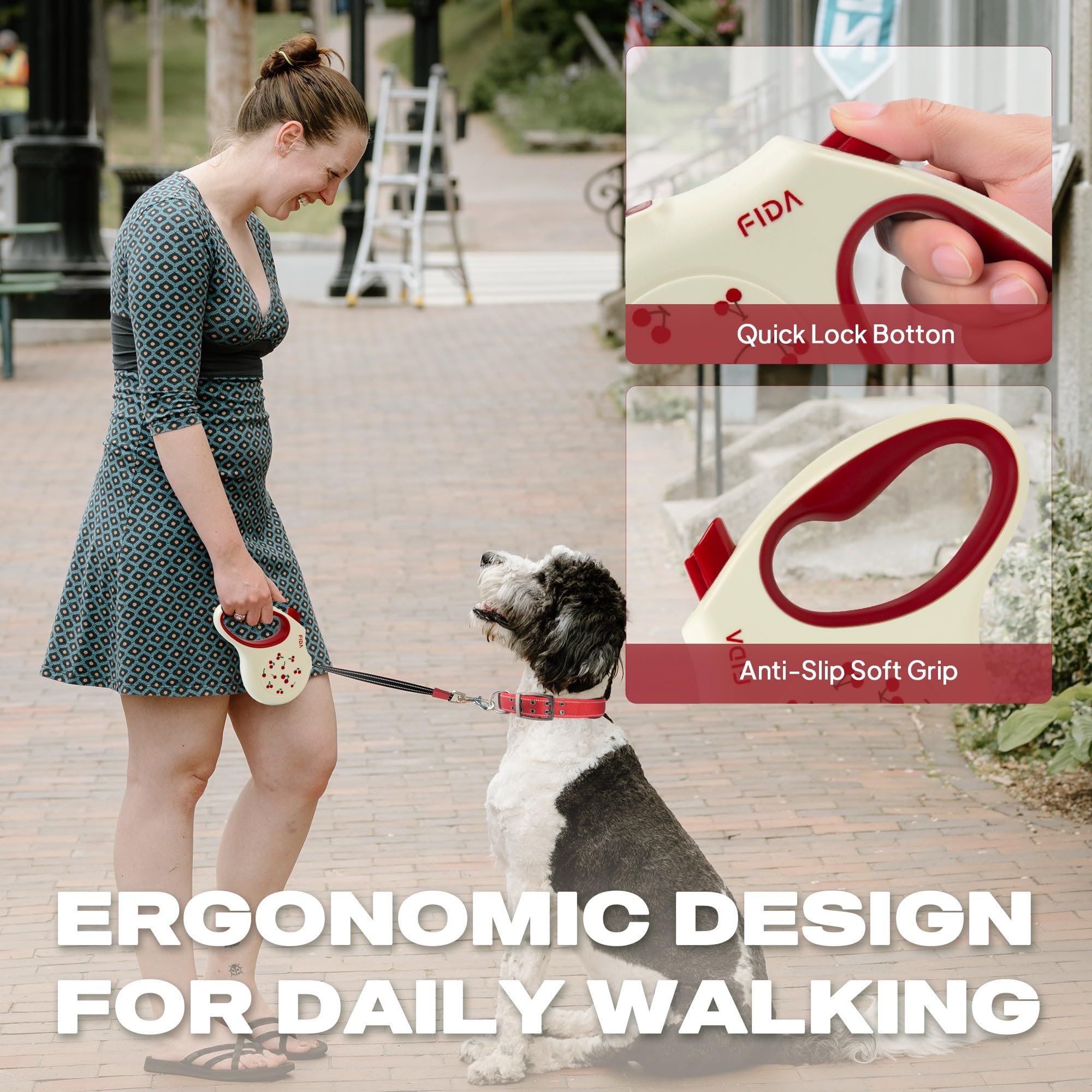 Fida easy lock and pause controls simplify leash handling.