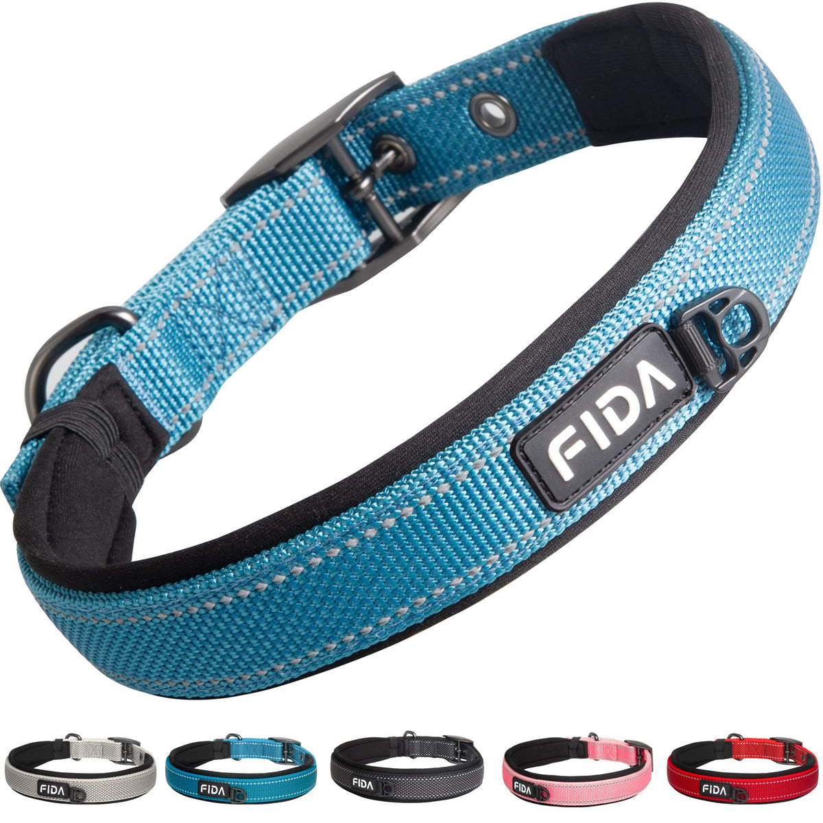 Fida heavy-duty dog collar with neoprene padding for comfortable, irritation-free walks.