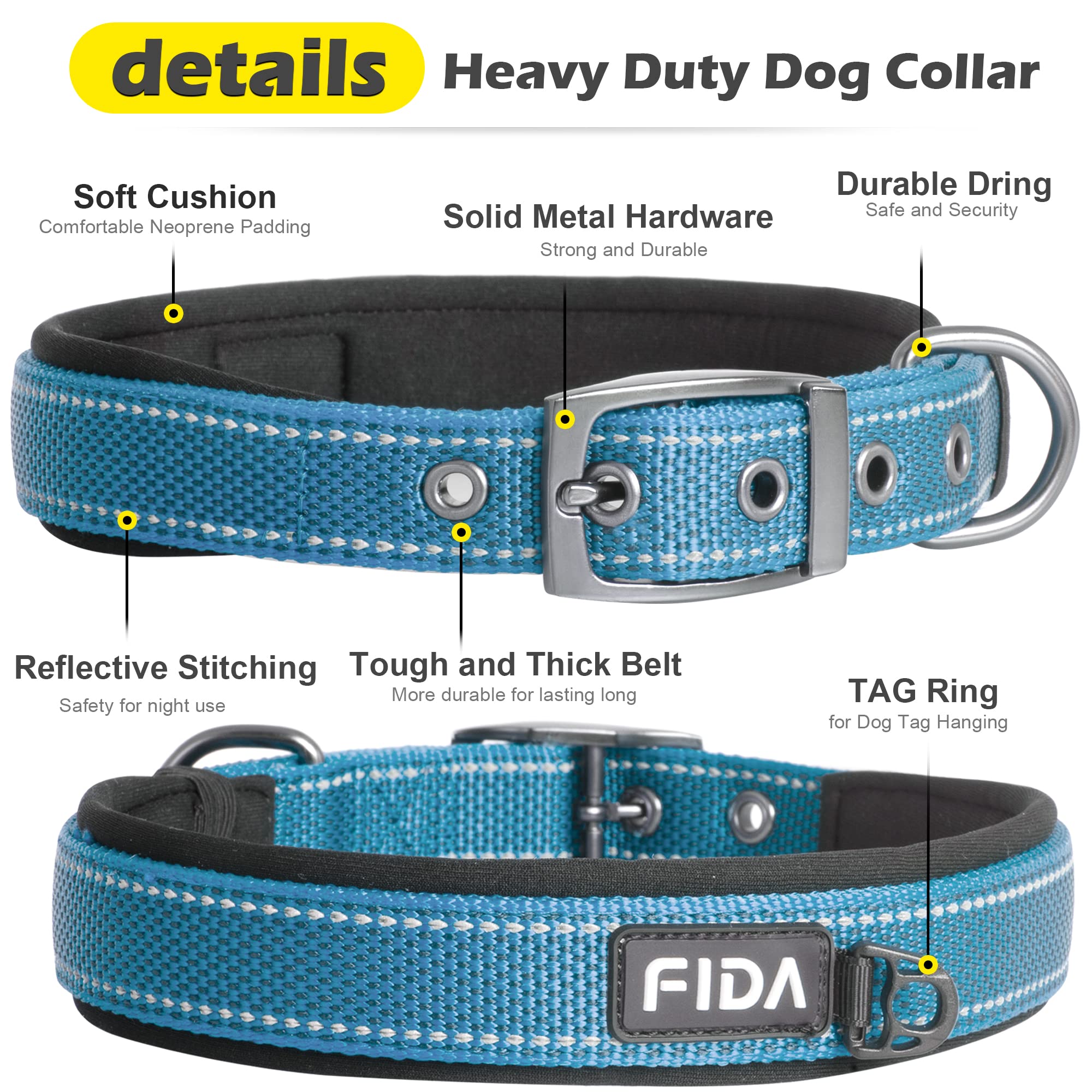 Fida heavy-duty dog collar showing reflective stitching for better visibility in low light.