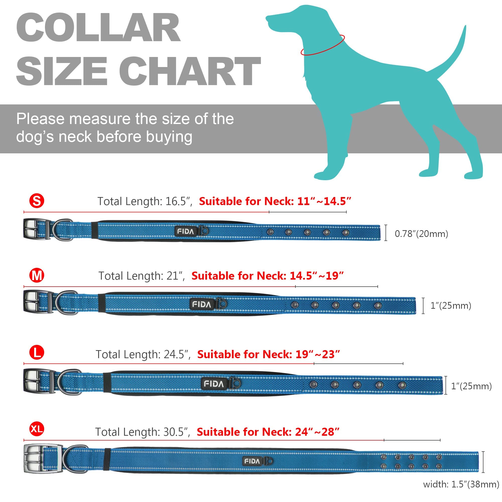 Fida heavy-duty dog collar featuring soft padding to minimize chafing.