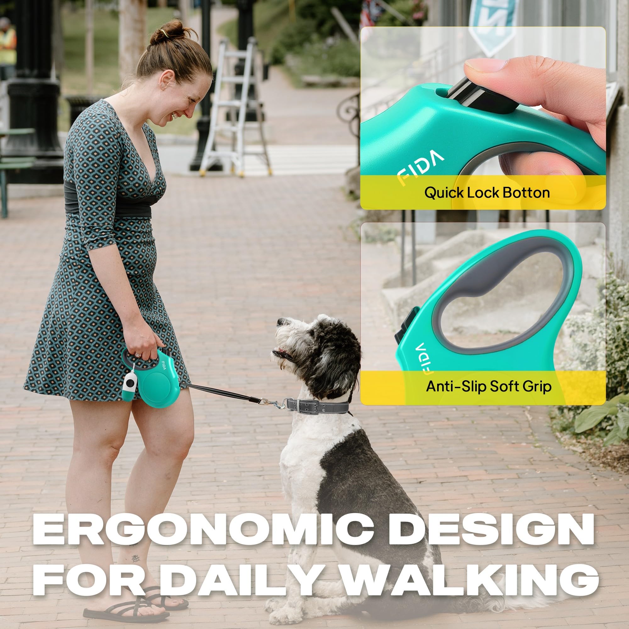 Fida included poop bag holder keeps bags within reach.