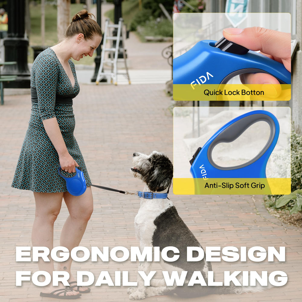 Fida leash featuring quick lock, pause, and unlock controls