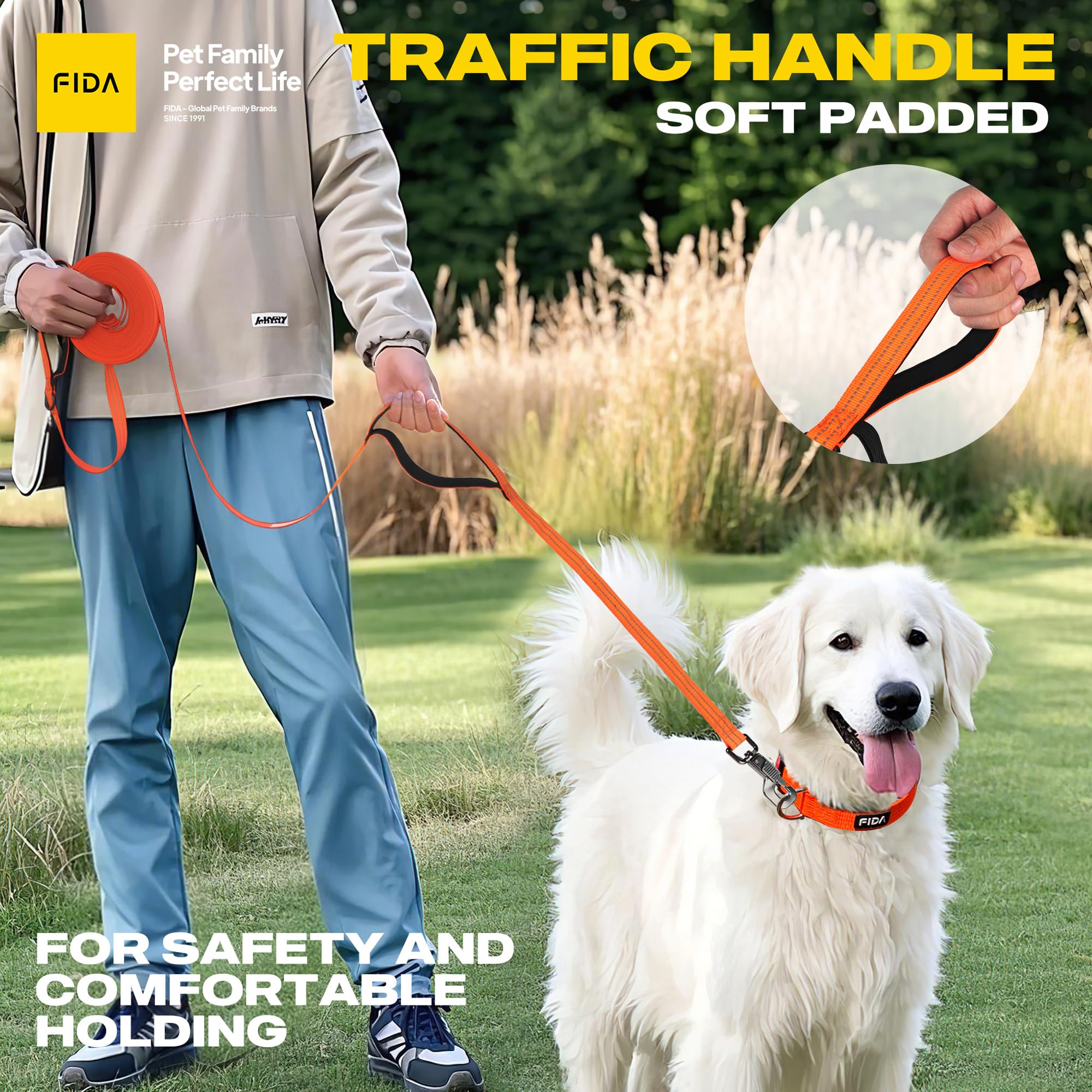 Fida 30ft/50ft extended length lets dogs explore while staying under control.