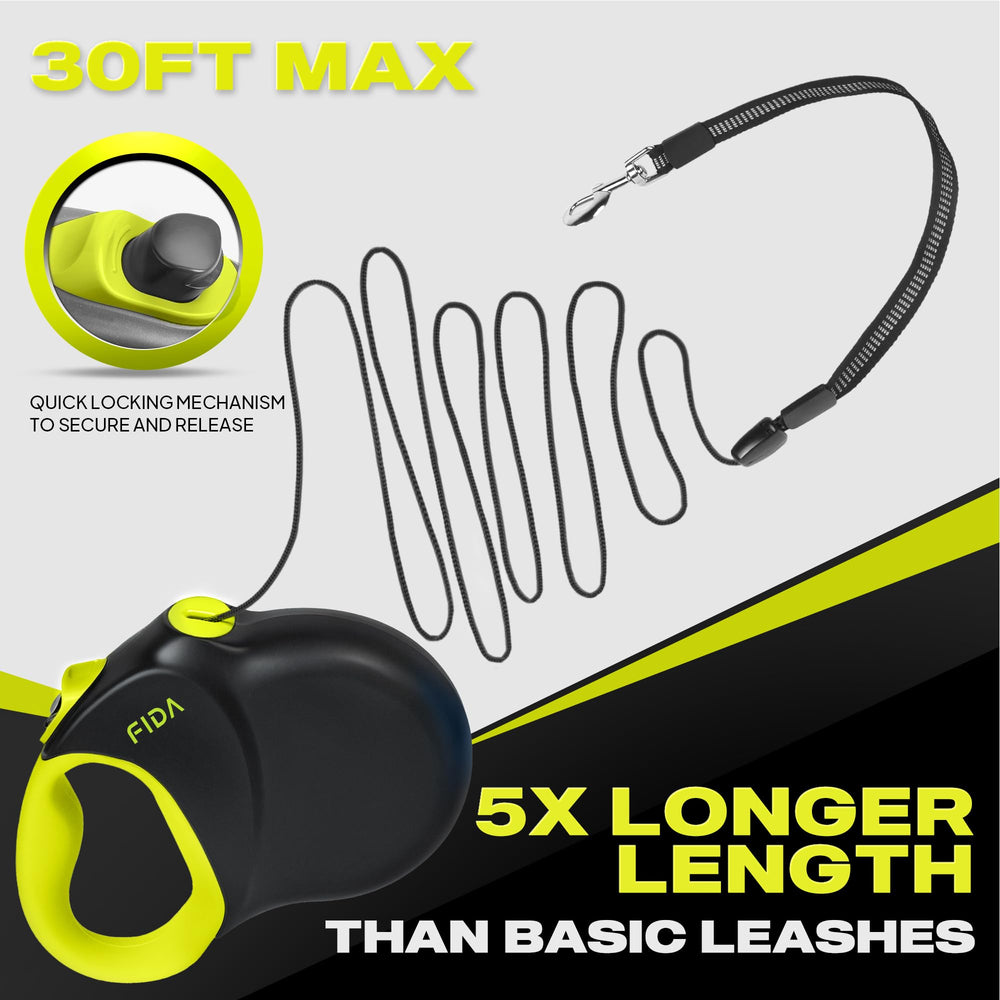 Fida leash shows no-tangle cord design for smooth retraction