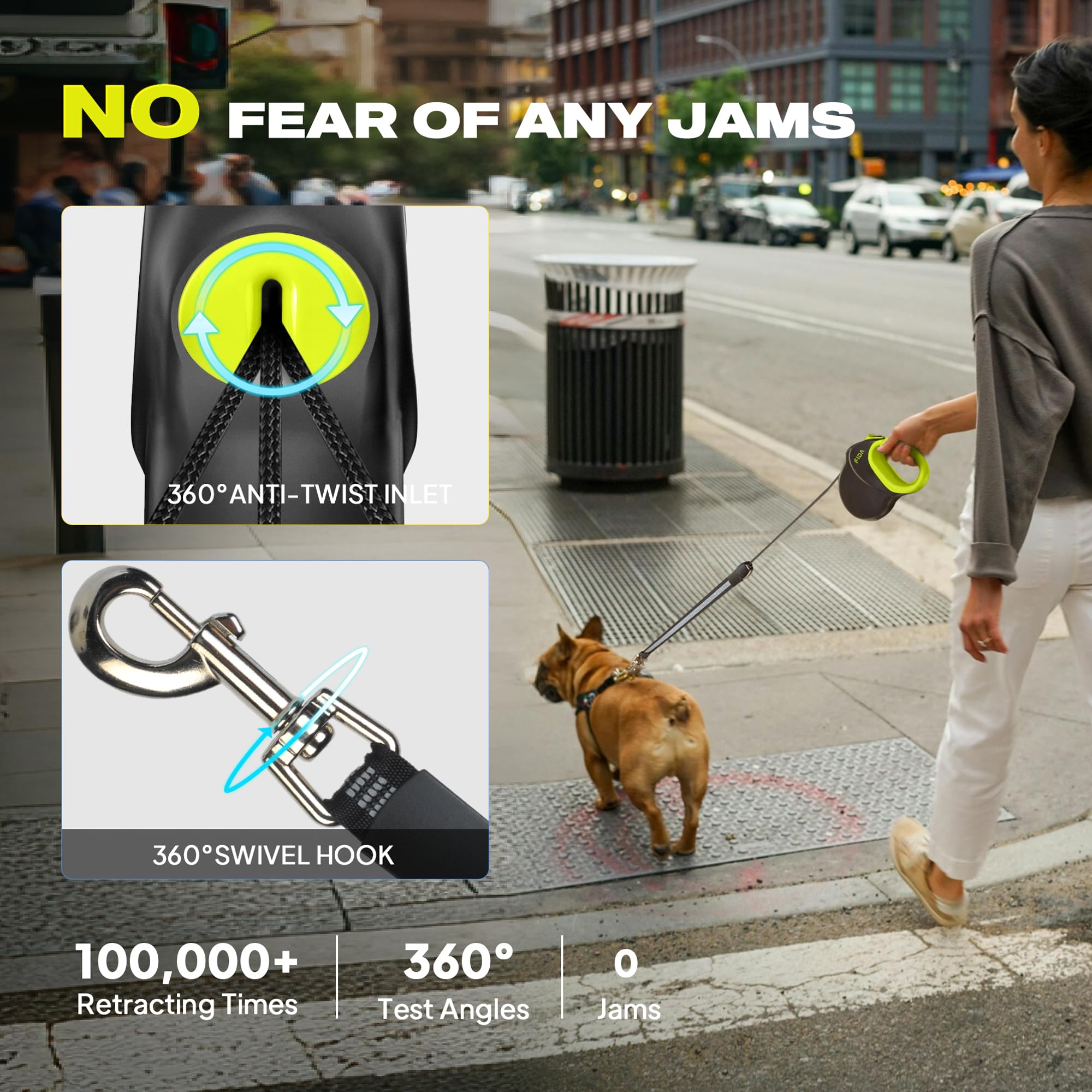 One-hand brake system on Fida leash enables quick, easy stops