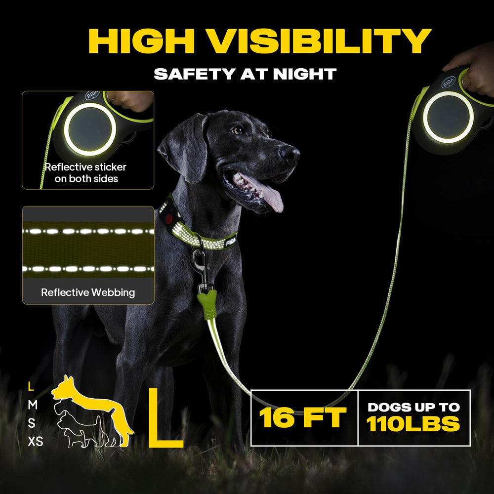 Fida leash shows reflective stitching for improved visibility in dim environments