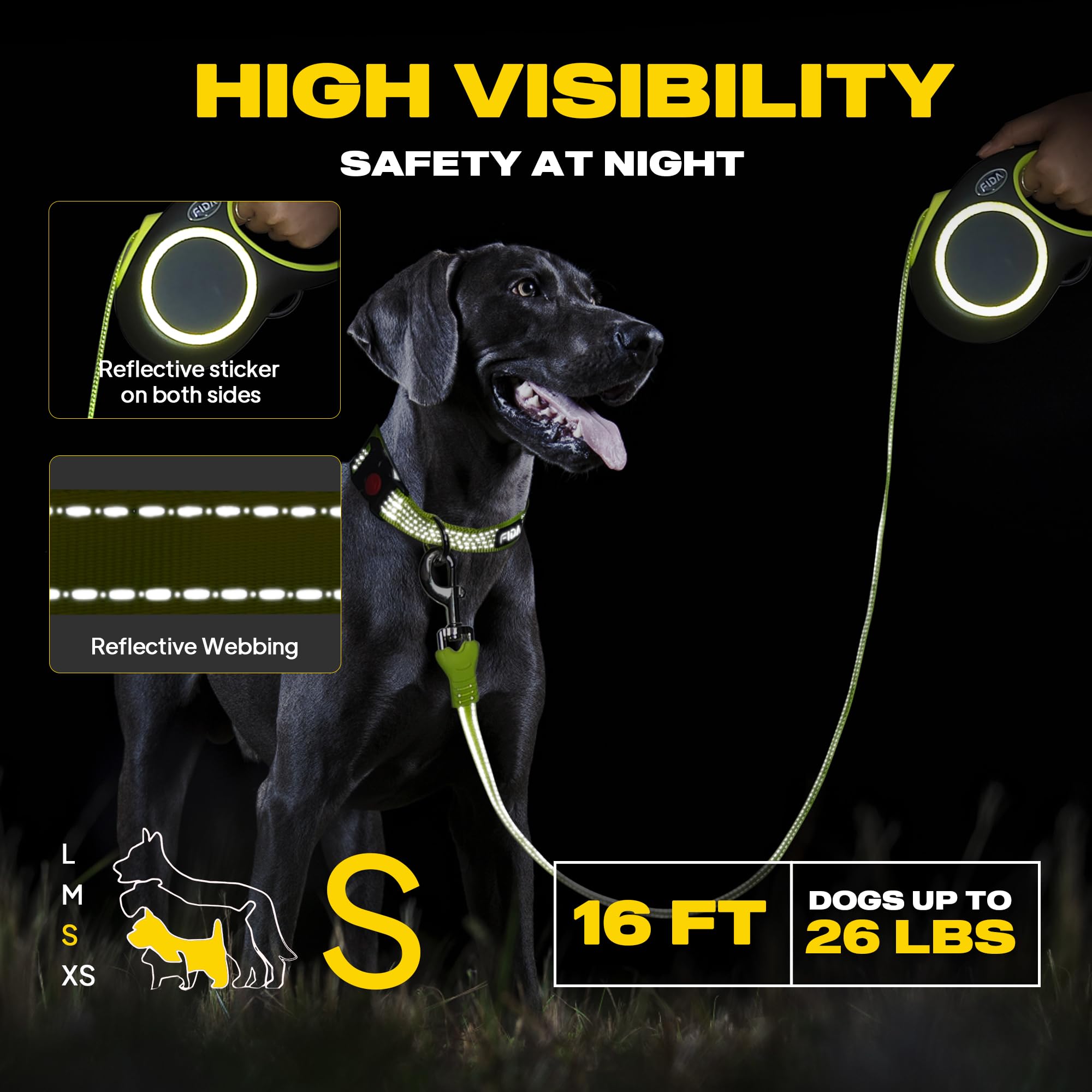 Fida leash shows the pause button for controlled stops