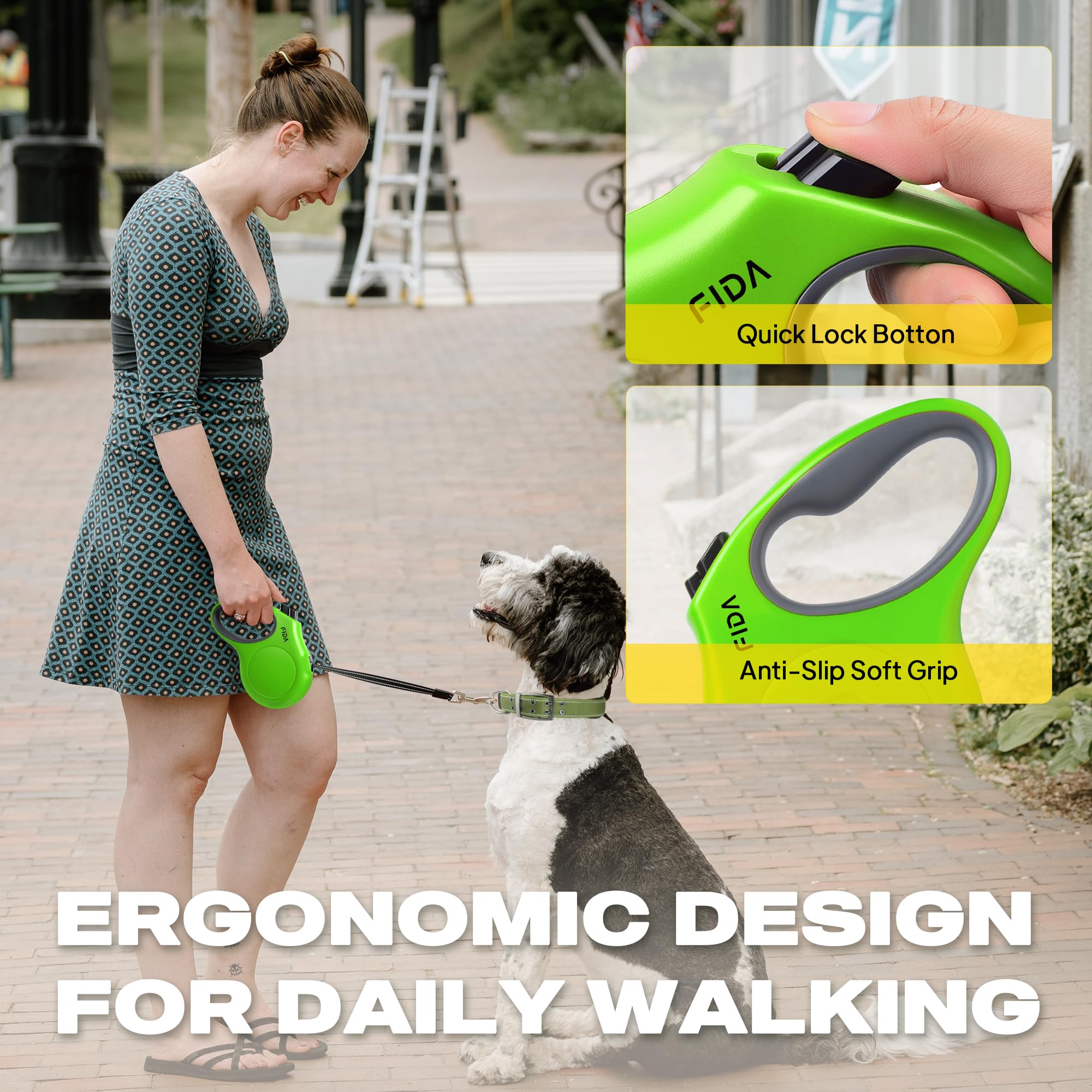 Fida leash uses rustproof swivel hook for smooth retraction.
