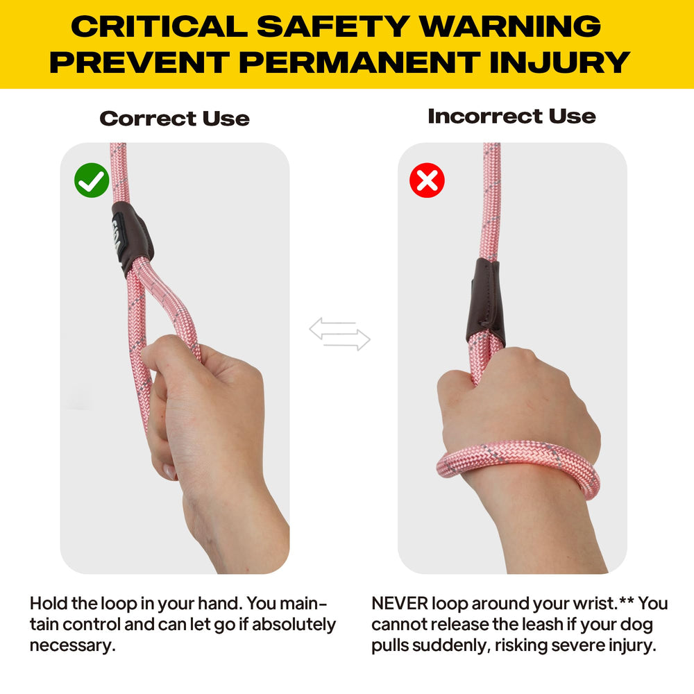 Safety warning note about proper hand hold while using the leash