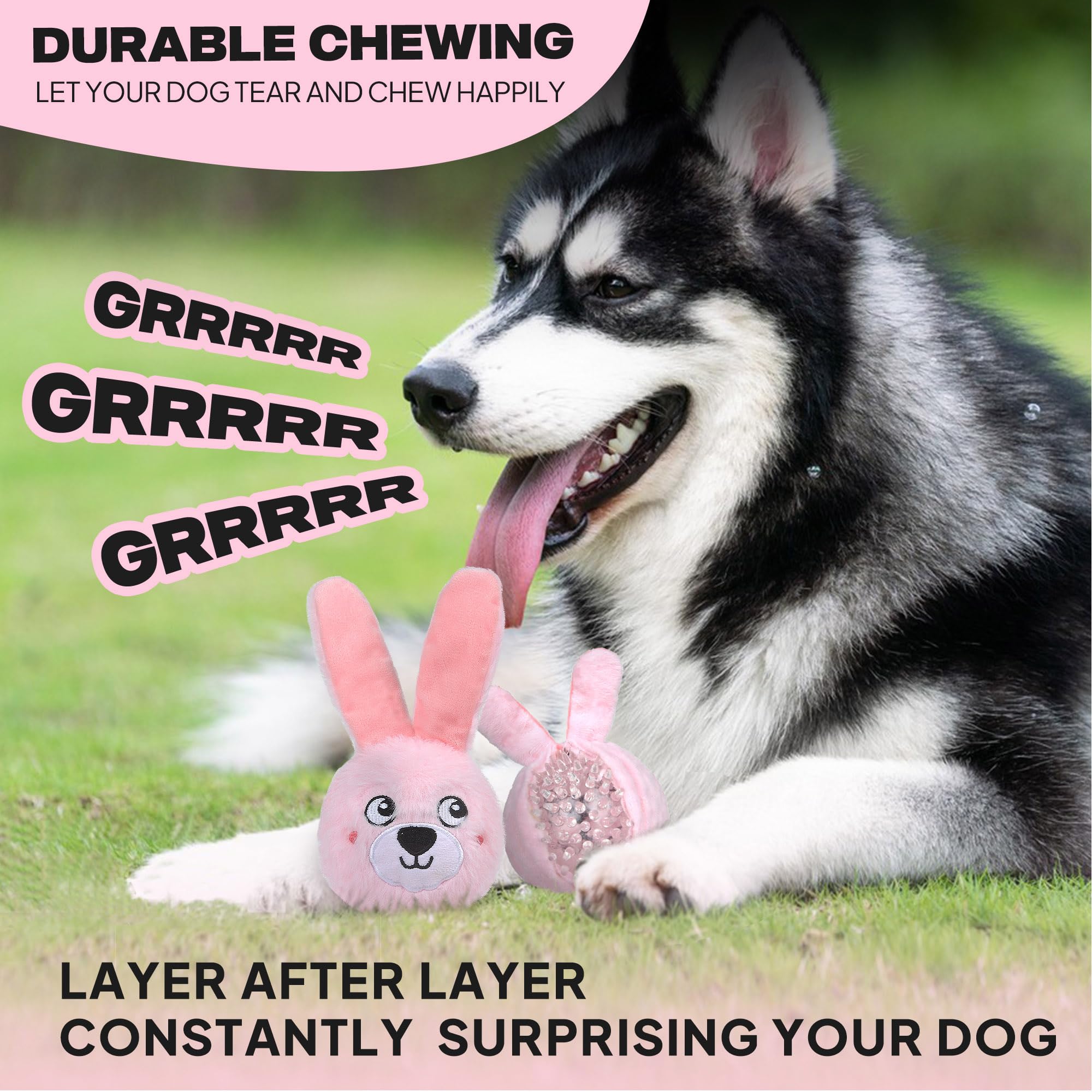Fida pink bunny squeaky toy with spiky core for aggressive chewers