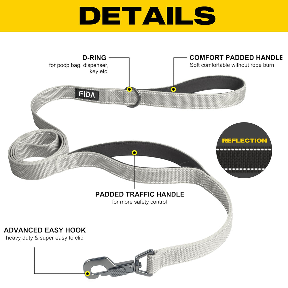 Fida leash traffic handle provides quick control during crowded walks.