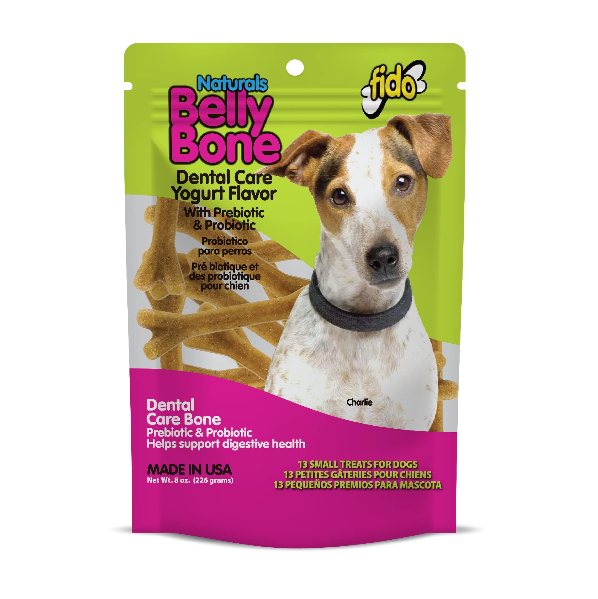 Fido Belly Bone yogurt chews for small dogs, easy to hold and massages gums.