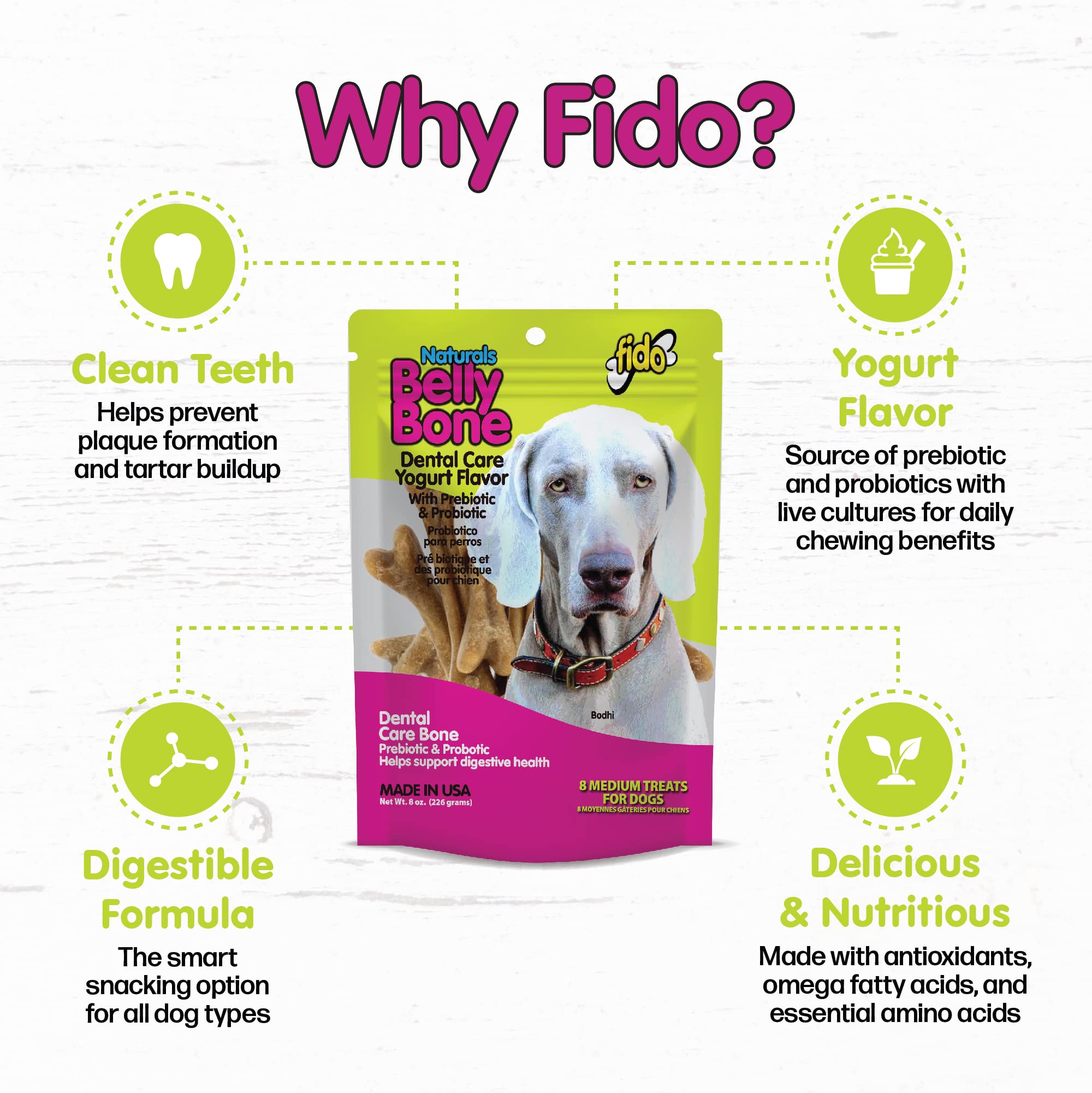 Fido Belly Bones 4-inch chew design highlights the bite-friendly shape for mouths of medium dogs.