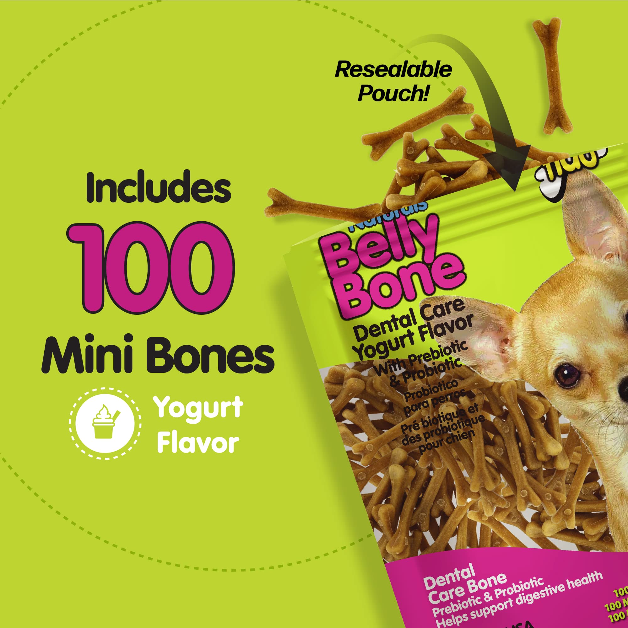 Fresh-breath shot highlighting the minty yogurt flavor and tasting appeal for dogs.
