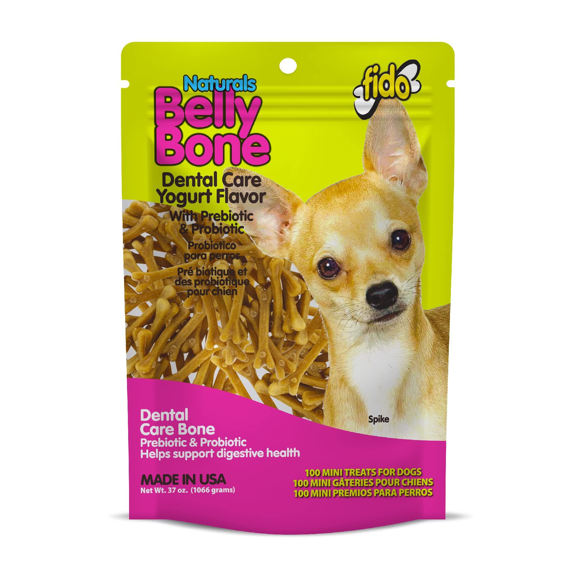 Fido Belly Bones Mini pack shot highlights a resealable bag for small dogs' daily dental care.