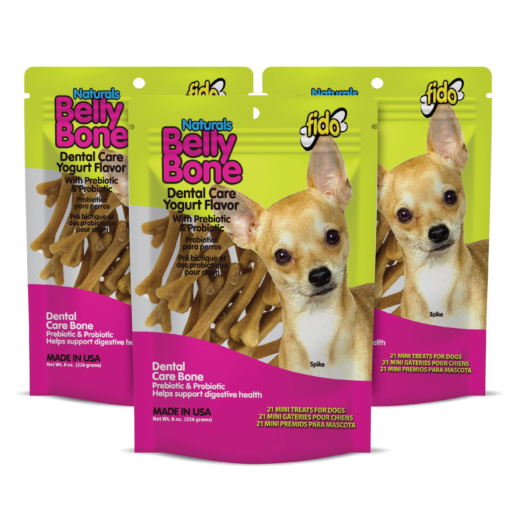 Fido Belly Bones Mini yogurt flavor for tiny dogs boosts dental care.