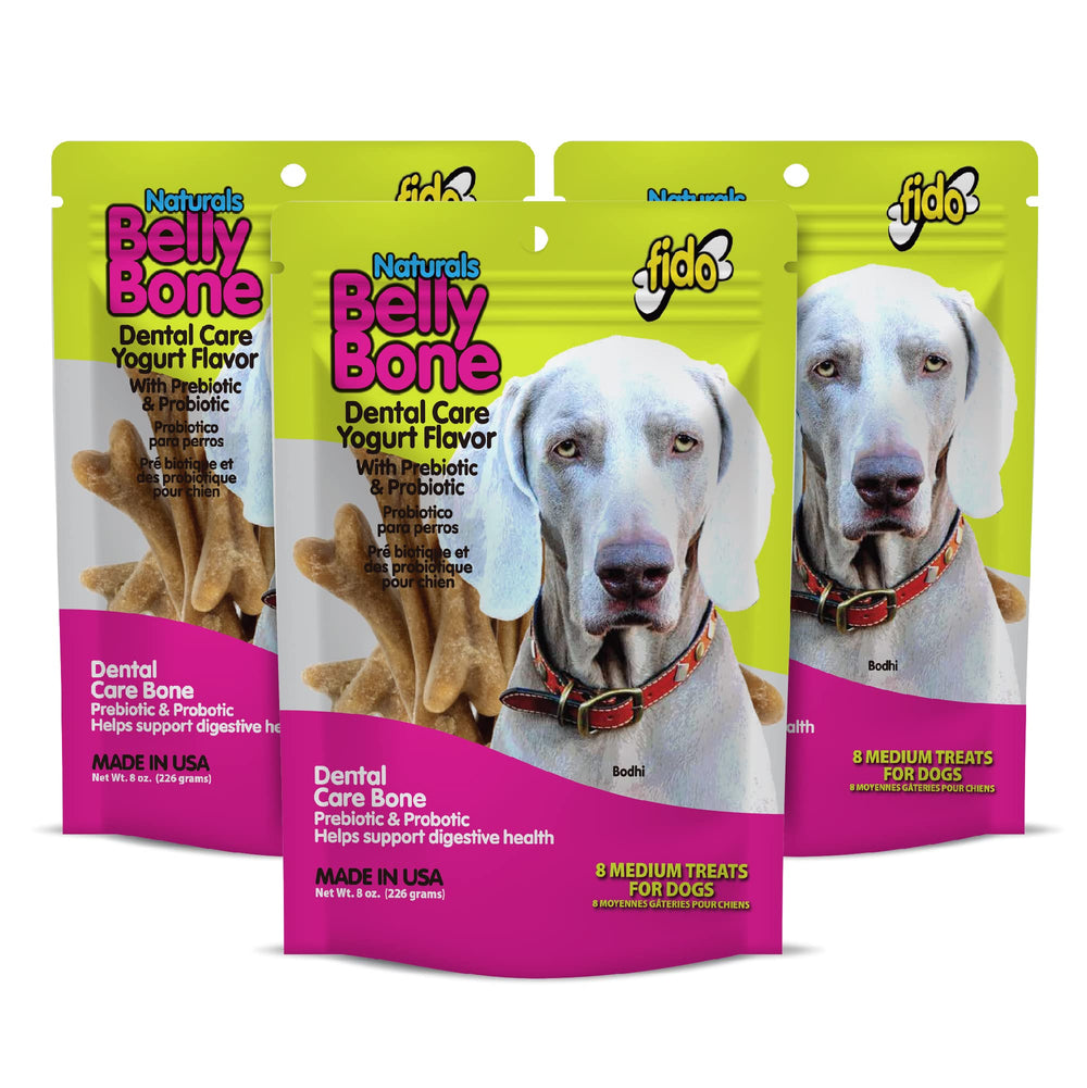 Fido Belly Bones yogurt treats pack front helps reduce plaque and freshen breath in medium dogs.