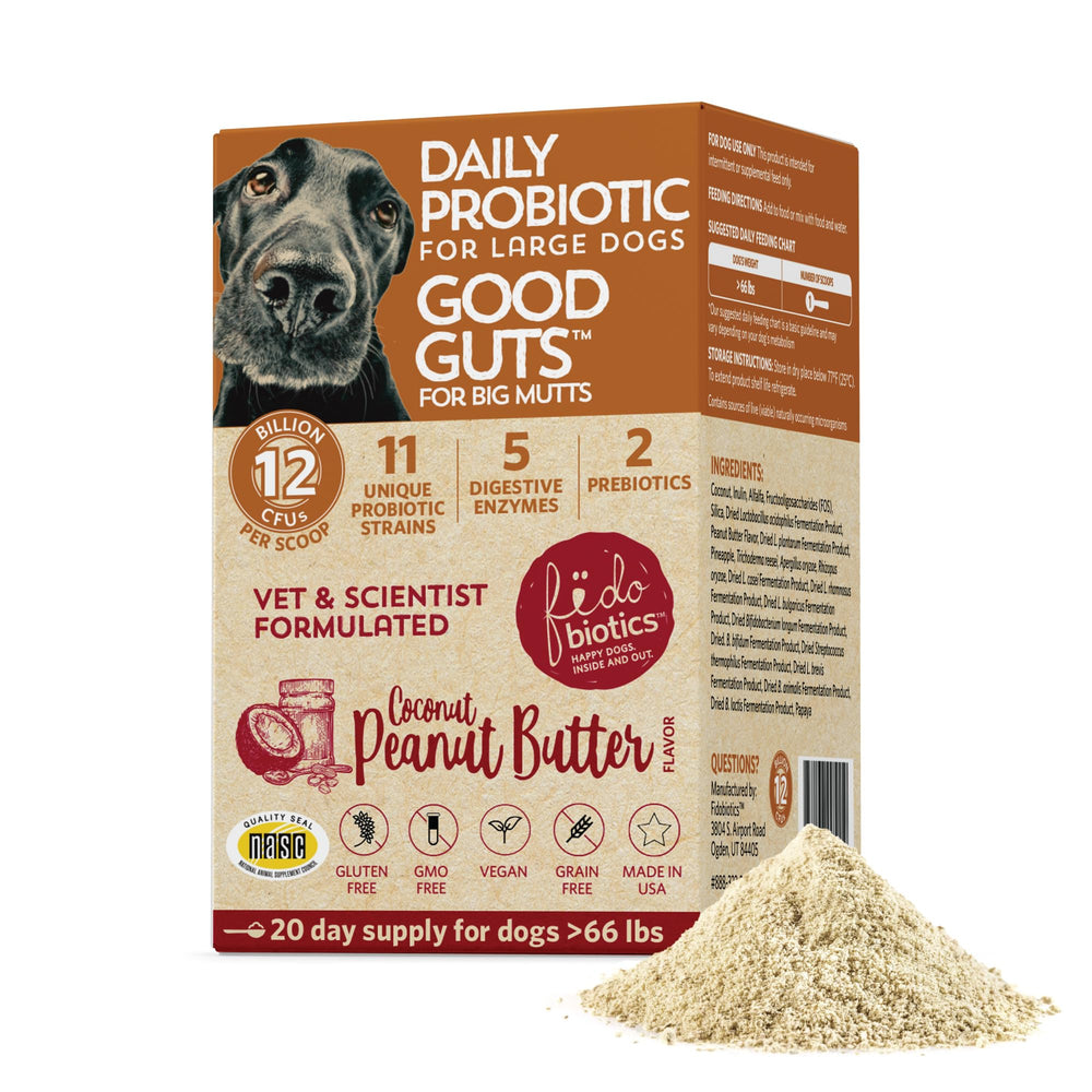 Fidobiotics Good Guts for Dogs bottle front showing shelf-stable probiotic formula.