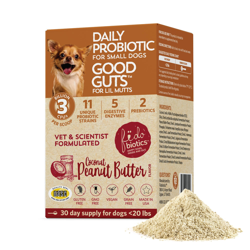 Fidobiotics Good Guts Lil Mutts bottle front for daily probiotic support in small dogs.