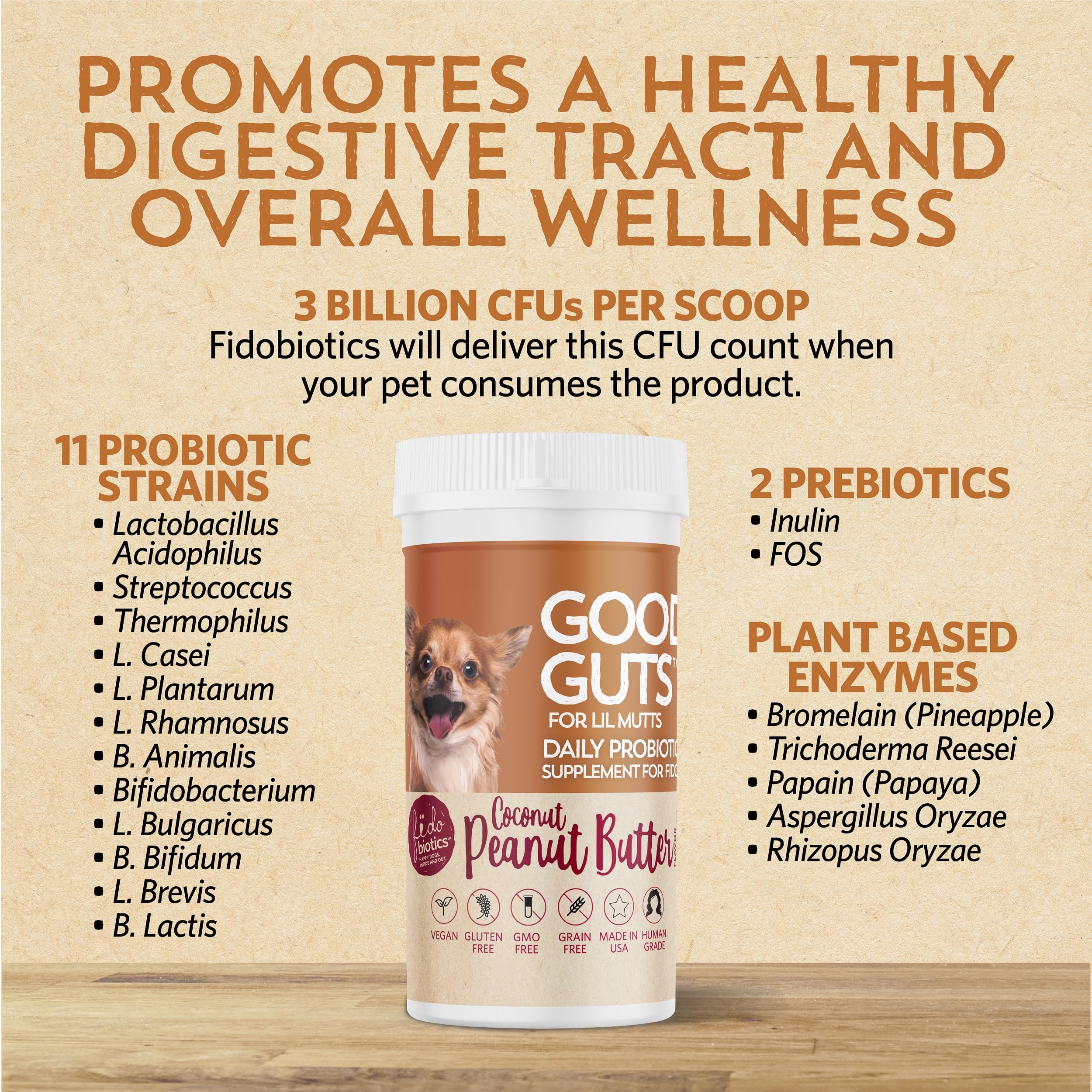 Resealable tub lid on Fidobiotics Good Guts Lil Mutts for shelf-stable convenience.