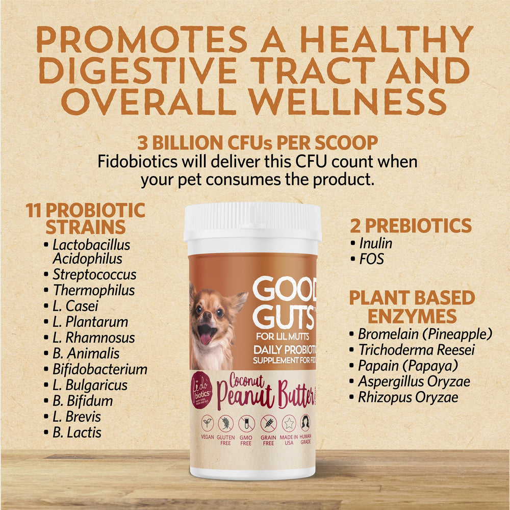 Resealable tub lid on Fidobiotics Good Guts Lil Mutts for shelf-stable convenience.