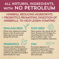 Close-up of Fidobiotics Hairball Buster ingredients like fish oil and flaxseed.