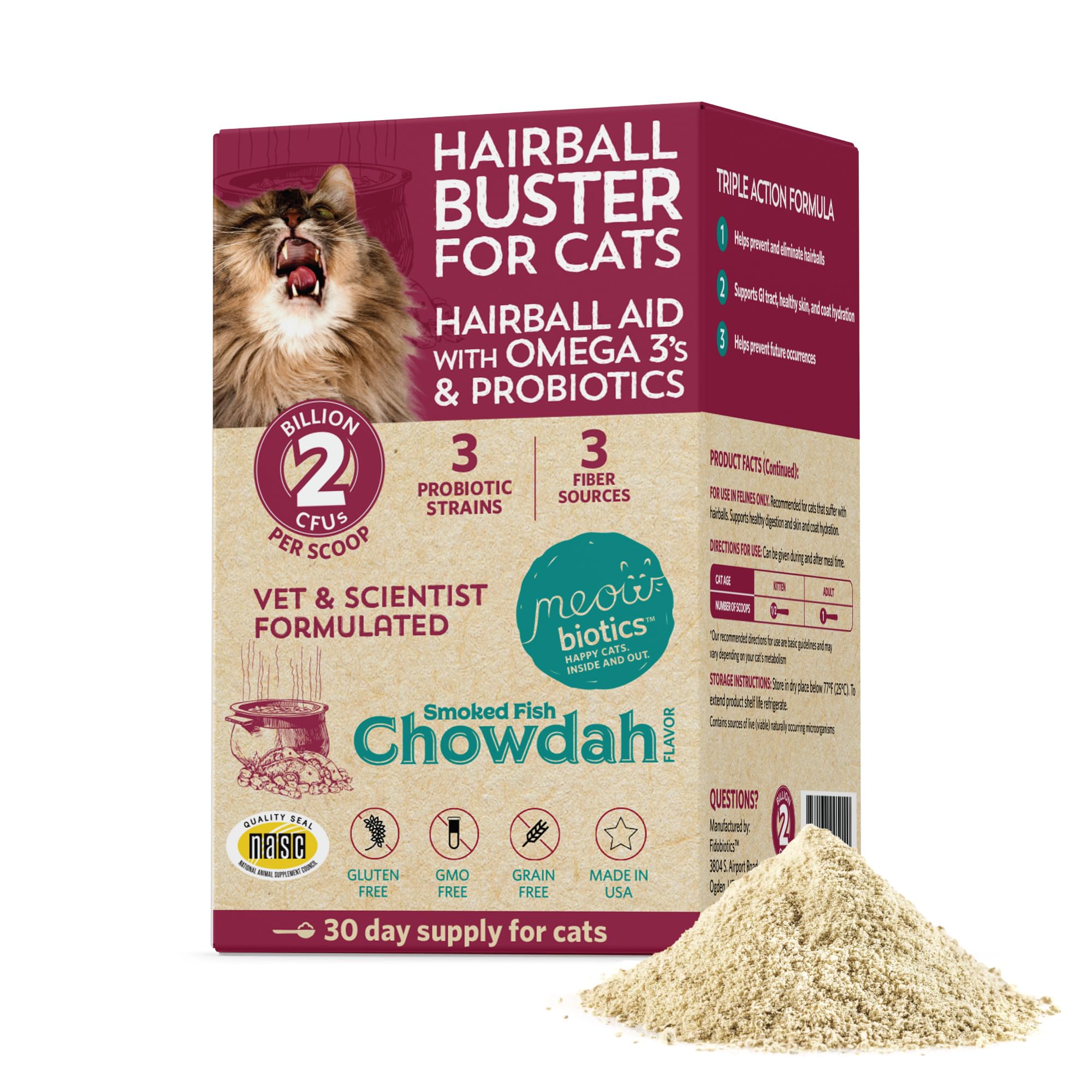 Fidobiotics Hairball Buster bottle with powder for cats supports digestion.