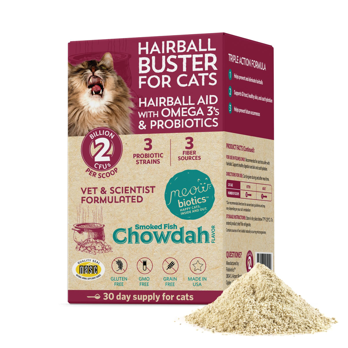 Fidobiotics Hairball Buster bottle with powder for cats supports digestion.
