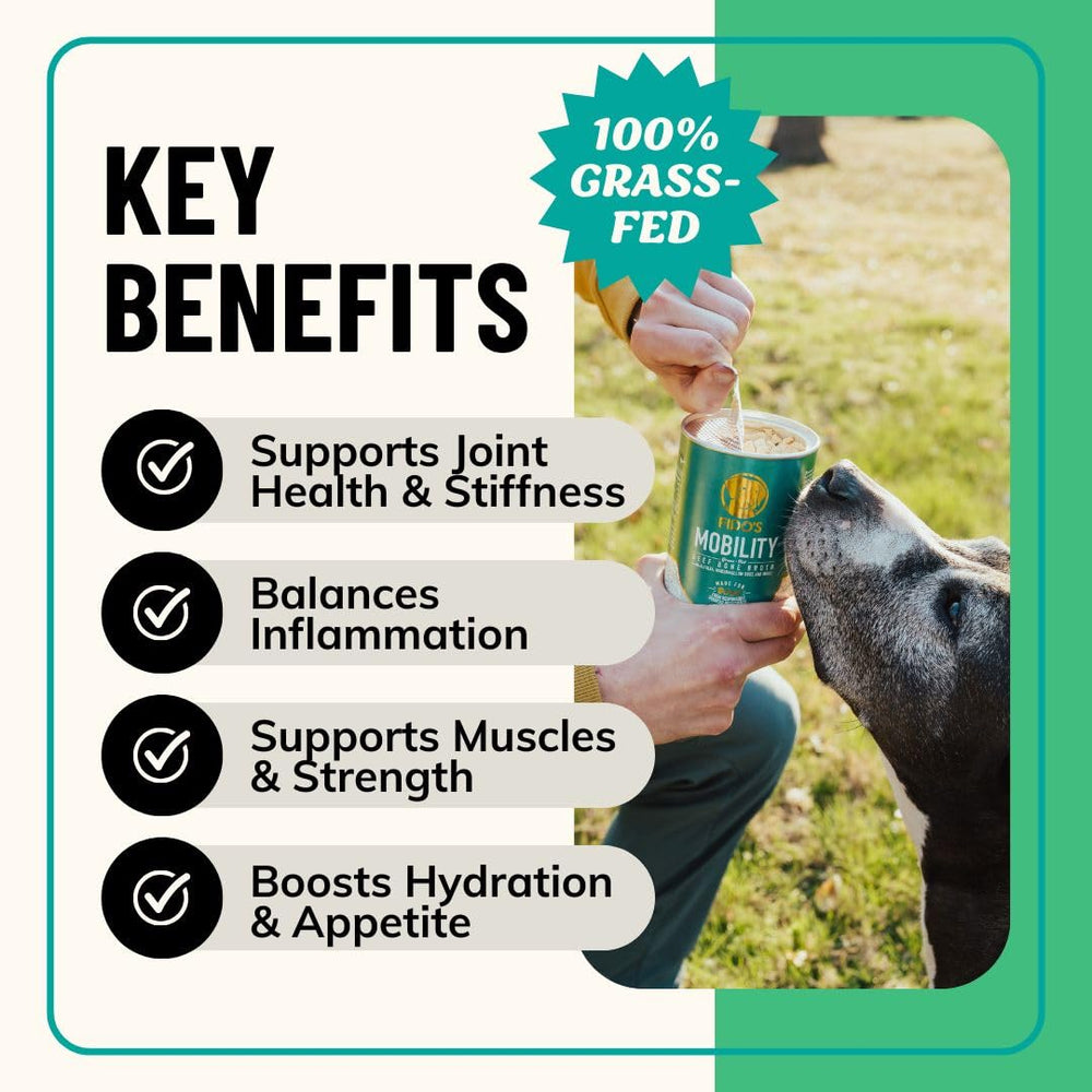 Fido's Mobility Bone Broth bowl-ready serving enhances dog meals as a topper.