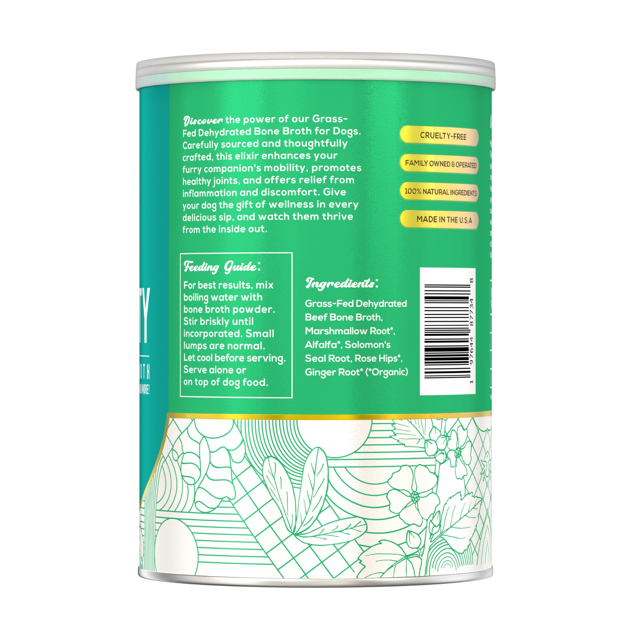 Fido's Mobility Bone Broth label lists ingredients and benefits.