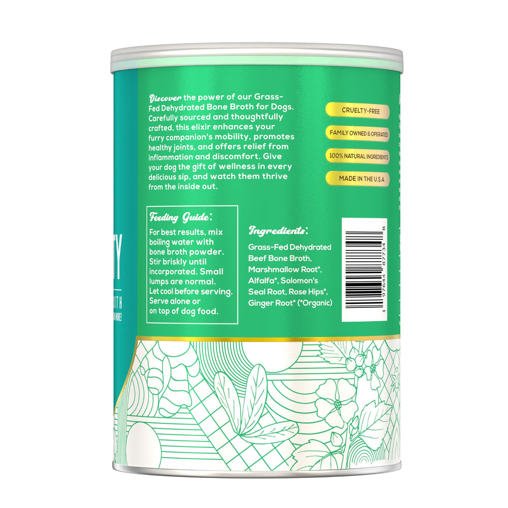 Fido's Mobility Bone Broth label lists ingredients and benefits.