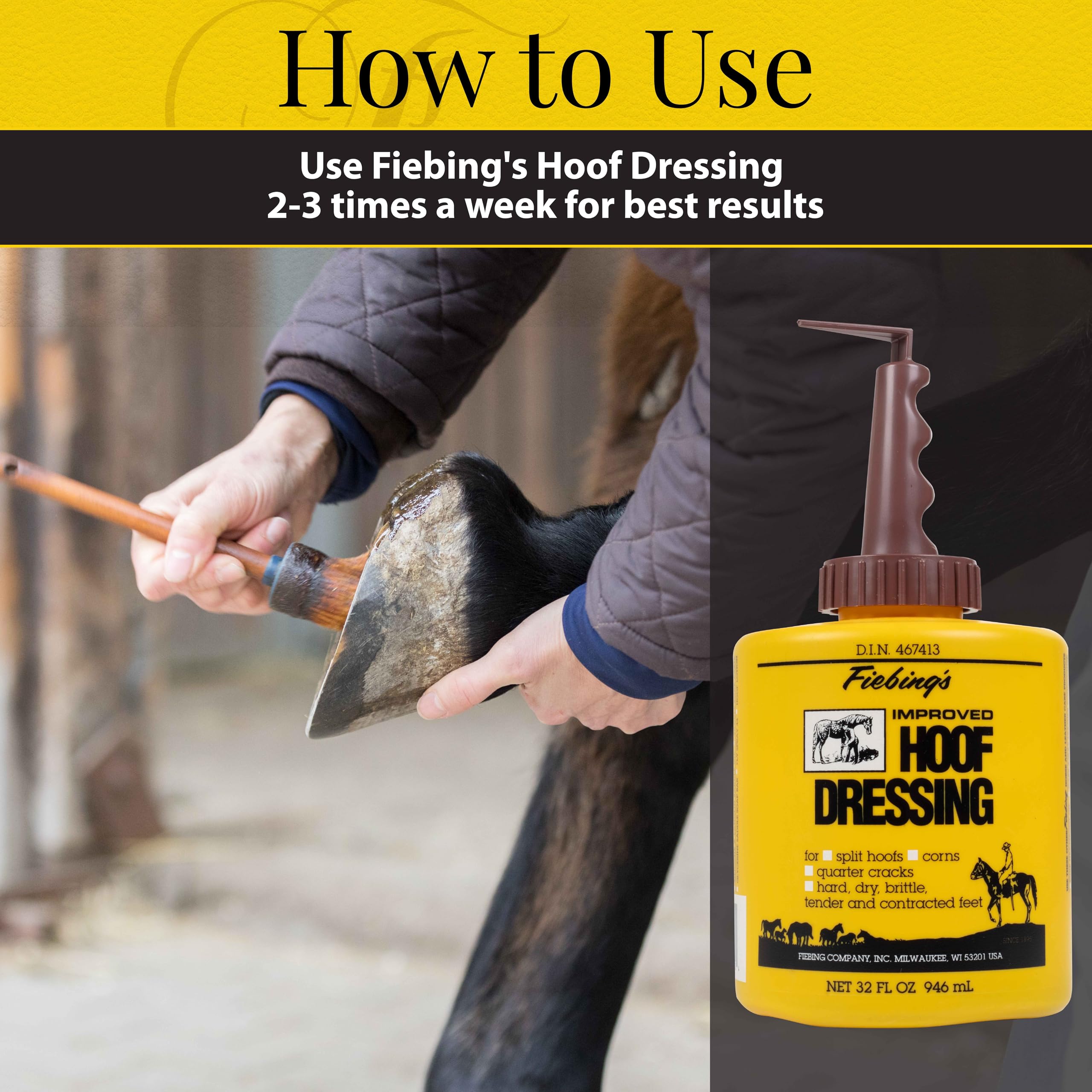 Fiebing's Hoof Oil semi-gloss shine for healthier-looking hooves.