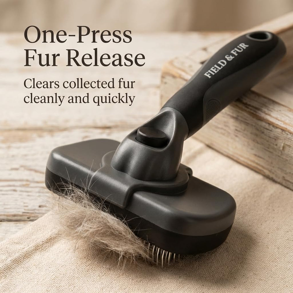 Field & FUR Slicker Brush with fine stainless steel pins for gentle detangling.