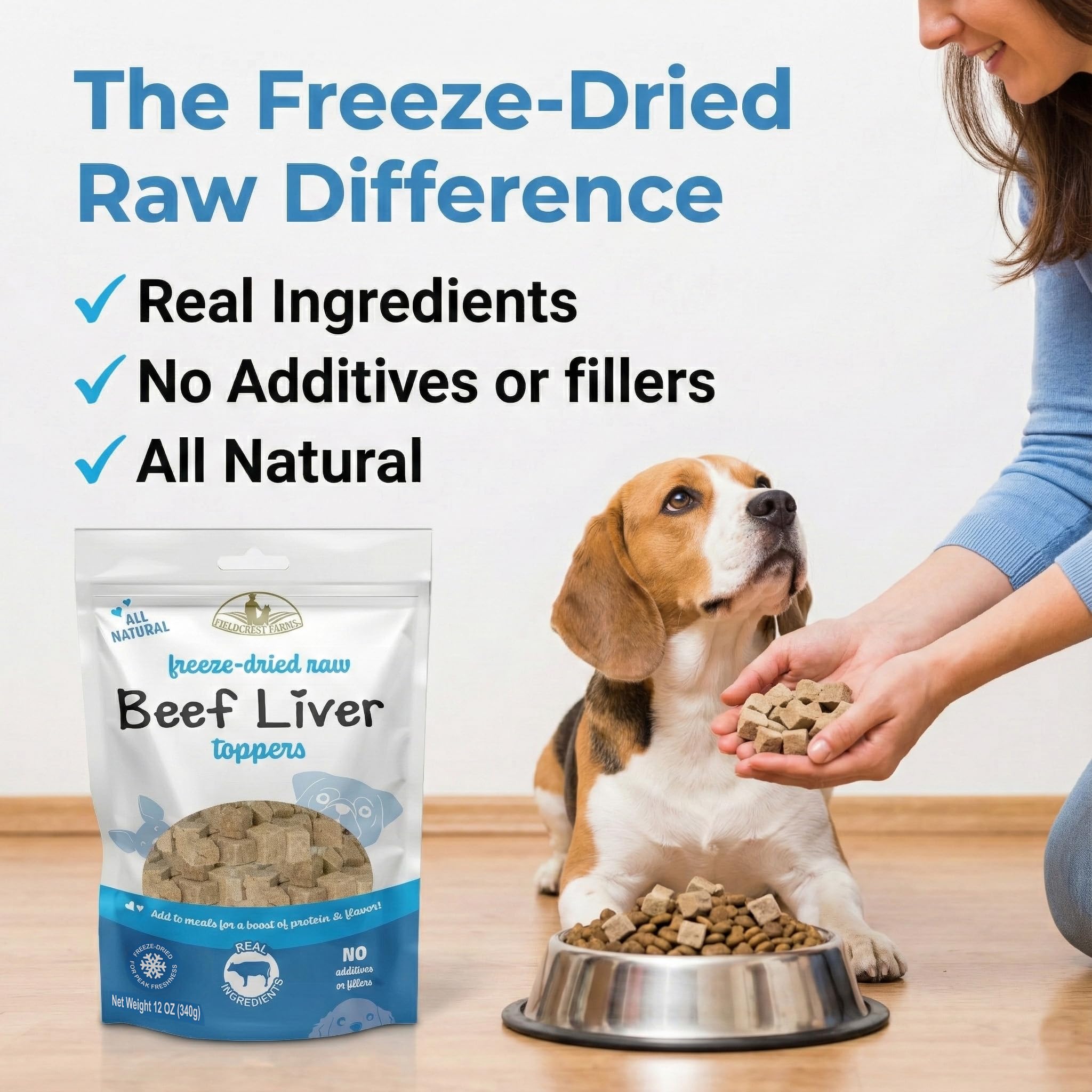 Fieldcrest Farms beef liver topper chunks ready as a training treat.