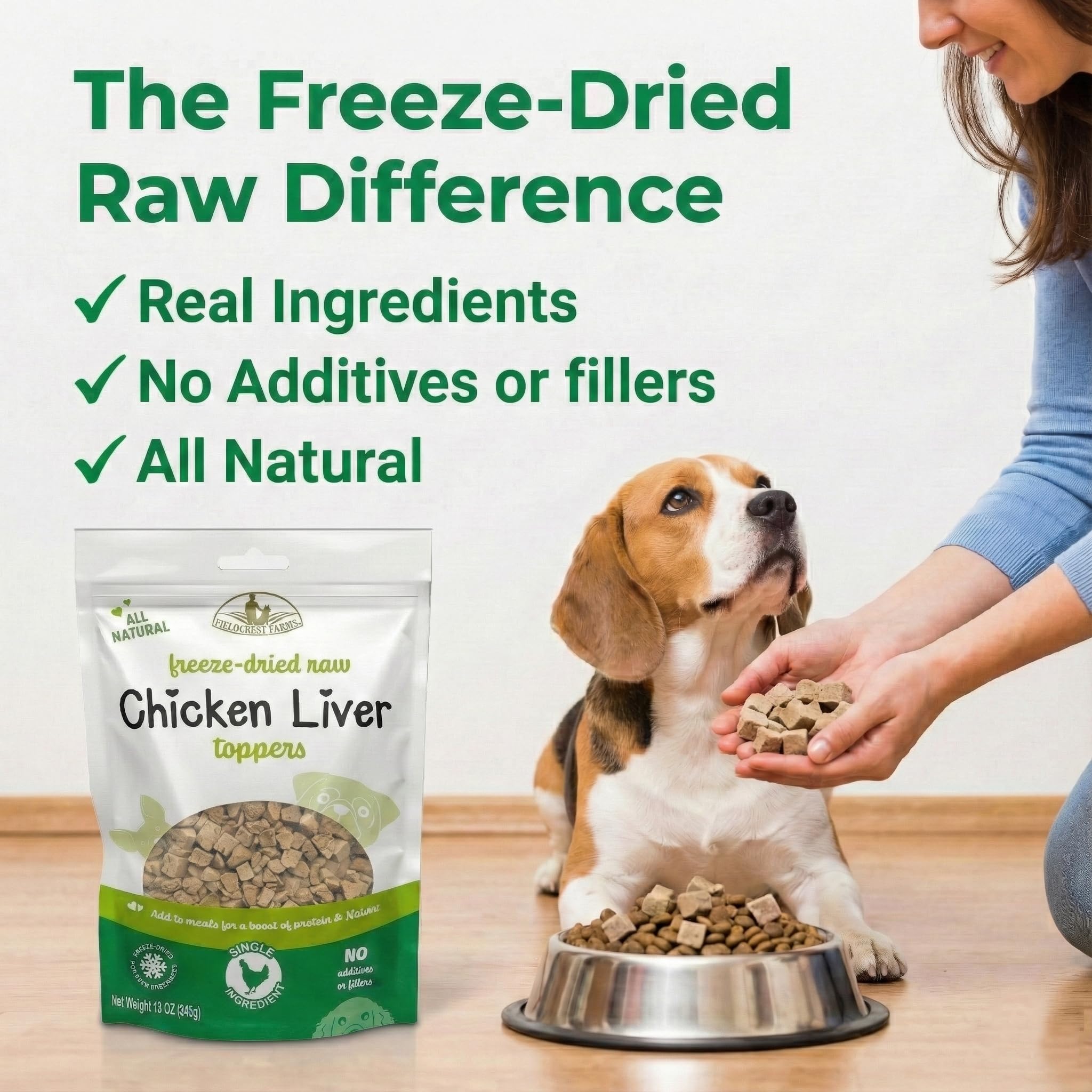Fieldcrest Farms chicken liver toppers closeup showcasing crisp texture ideal for rewards.