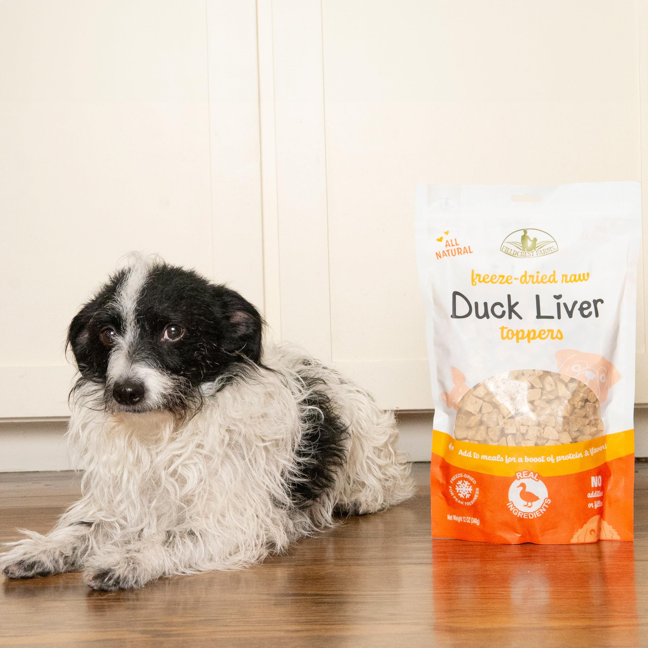 Fieldcrest Farms Duck Liver Toppers in a portion-size scoop for dogs.