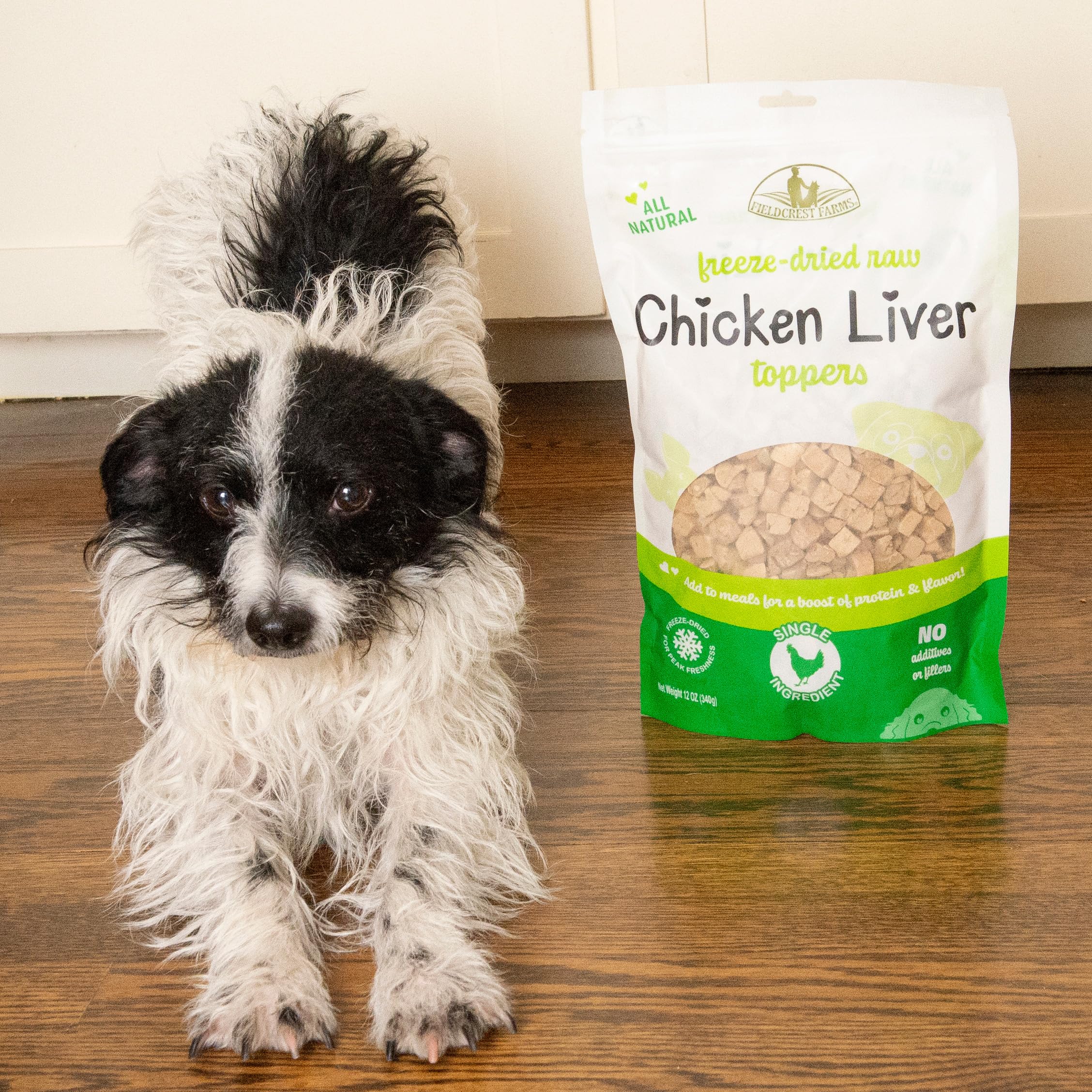 Fieldcrest Farms natural chicken liver toppers, raw-inspired protein for meals.